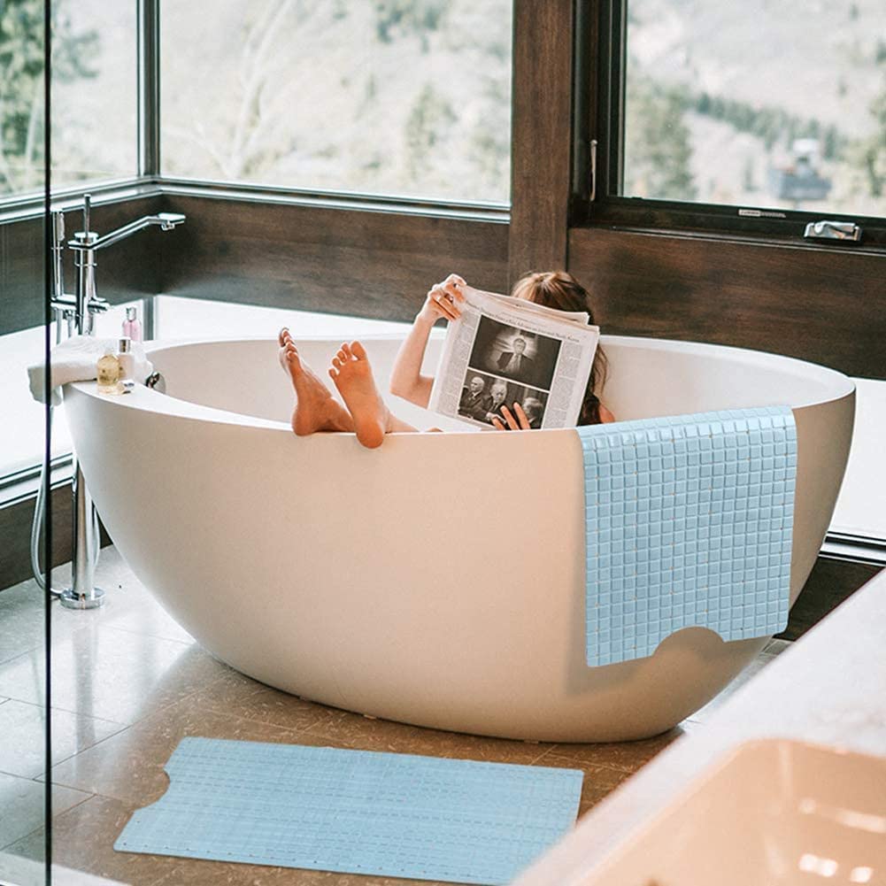Non-Slip Square Bath Mat with Suction Cups & Drain Holes | Machine Washable Blue Shower Mat for Bathtub & Tub | Perfect for Bathroom Safety & Wet Floor Protection