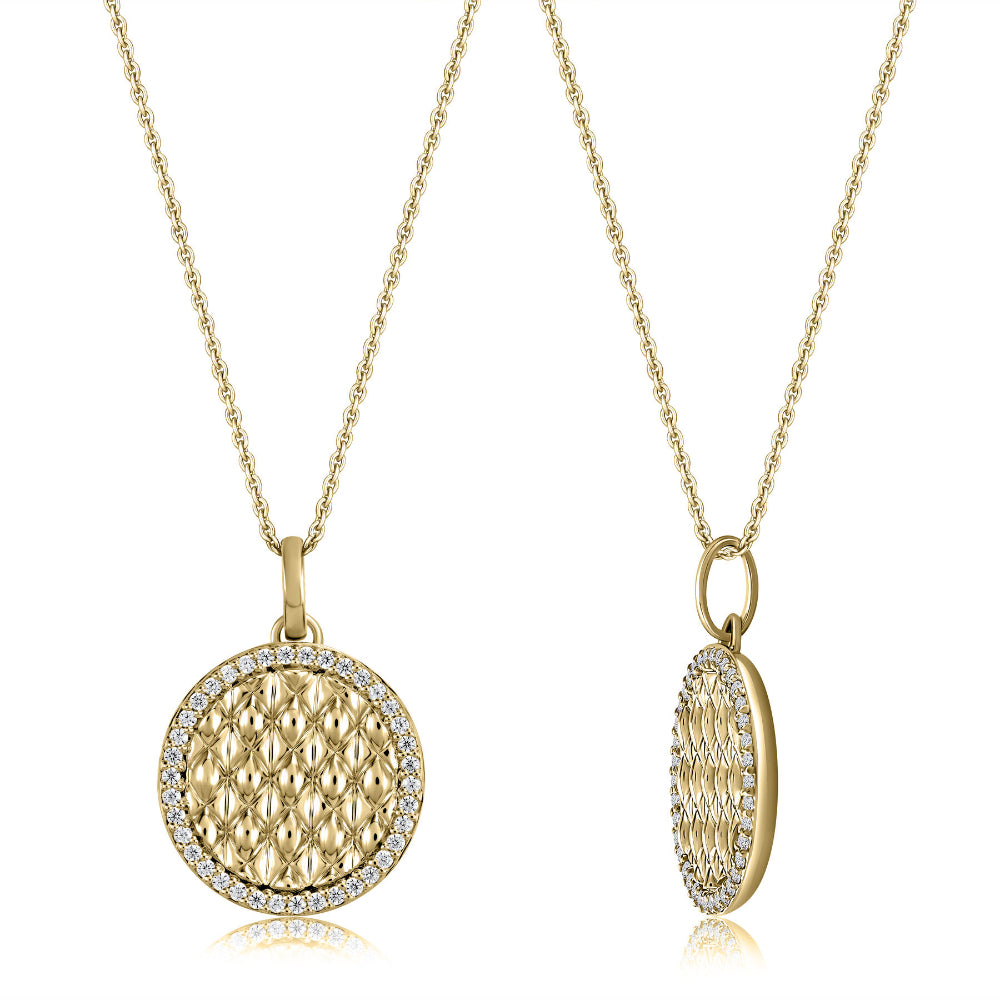14K Gold Round Quilted Diamond Border Pendant Necklace - Elegant Jewelry Gift for Women, Perfect for Weddings, Anniversaries & Special Occasions