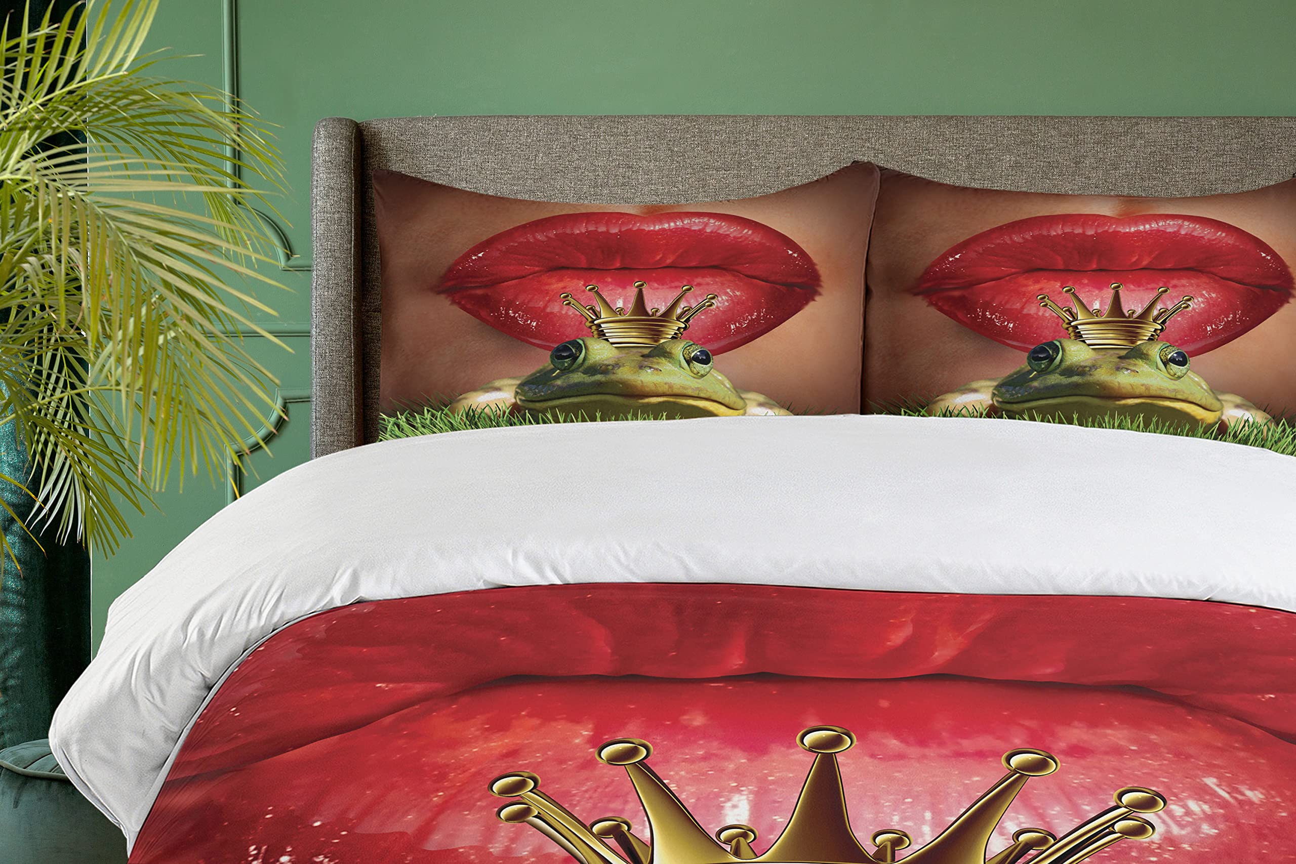 Ambesonne Animal Duvet Cover Set - Lady Finds Her Frog Prince Charming Soul Mate in Love Romance Art, 3-Piece Bedding Set with 2 Pillow Shams, California King Size, Green Red Yellow Design | Perfect for Master Bedroom, Guest Room & Fairy Tale Themed Decor