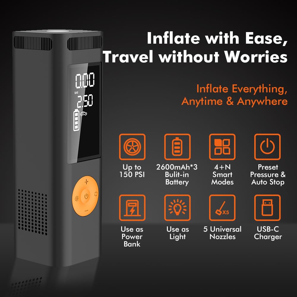 ZETTA 1024 Portable Air Compressor - 150 PSI Electric Tire Inflator for Car, Motorcycle & Balls | Fast Inflation with LED Light & 5 Nozzles | Perfect for Road Trips, Camping & Emergency Tire Repair