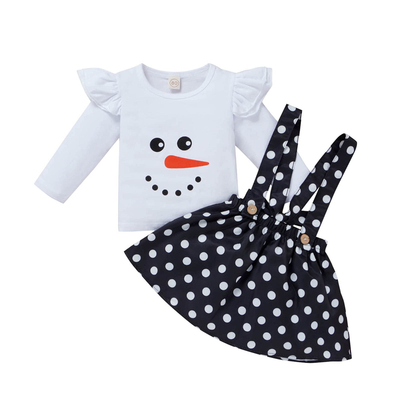 Christmas Snowman Printed Toddler Baby Girls Outfit Set - Cute T-Shirt & Dot Suspender Skirt Flare Outfits for Holiday Parties & Family Photos