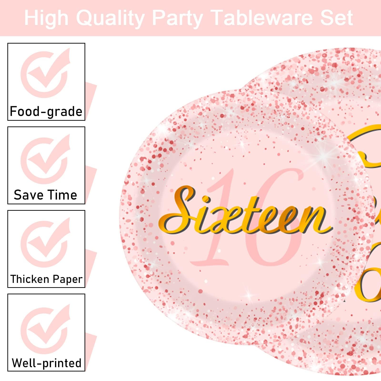 96 Pcs Rose Gold Sweet 16 Birthday Party Plates & Napkins Set - 16th Birthday Party Decorations, Tableware & Favors for Girls - Serves 24 Guests - Perfect for Sweet Sixteen Party, Quinceañera, Teen Birthday Celebrations
