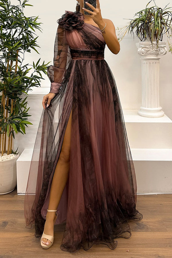 Elegant One Shoulder Tulle Printed Floral Pendant Pleated Maxi Dress with Slit - Perfect for Weddings, Prom, Evening Parties & Special Occasions