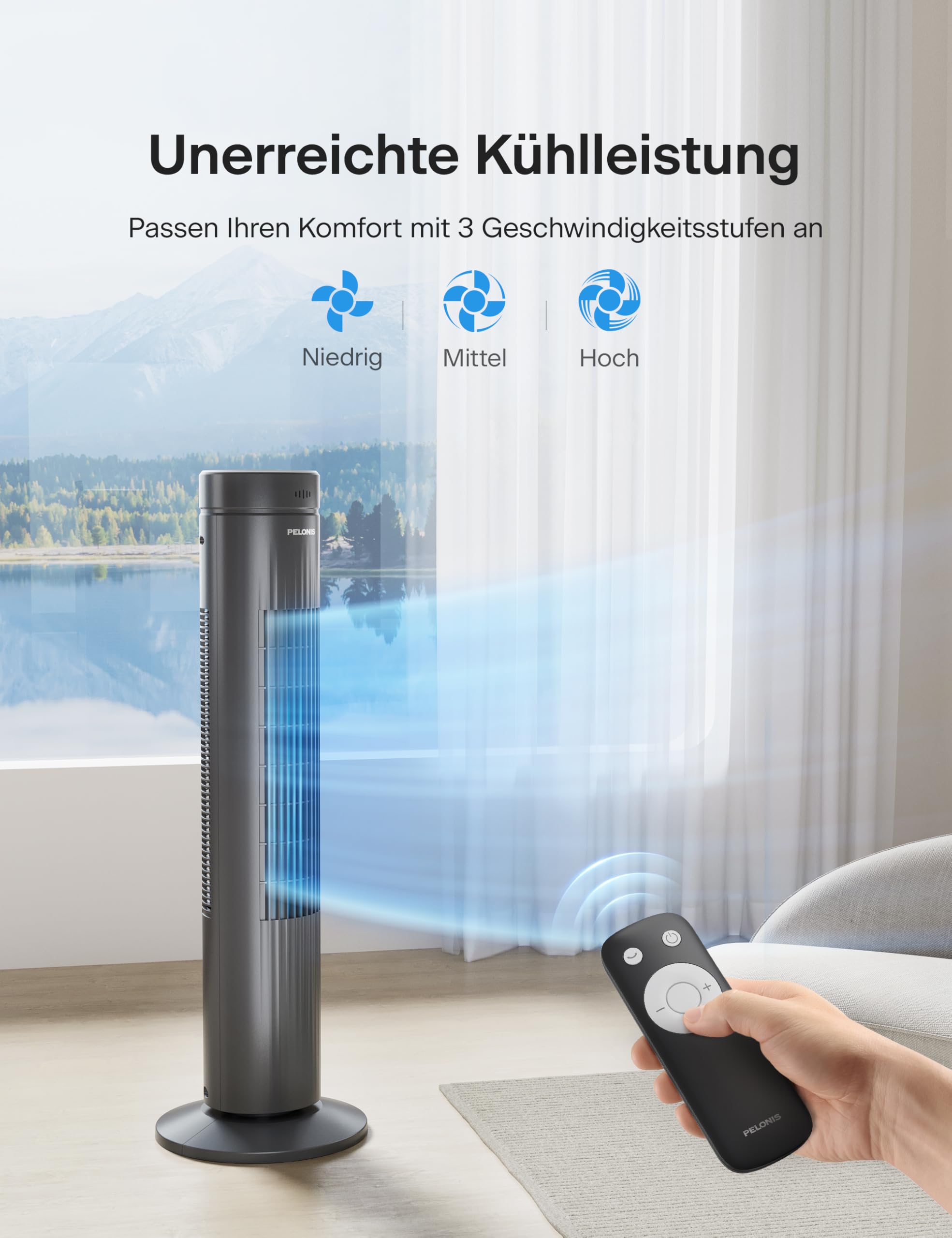 PELONIS Ultra Quiet Tower Fan with Remote Control, 3 Speed Settings, 7-Hour Timer & 3 Modes - Perfect for Bedroom Cooling & Home Office Comfort