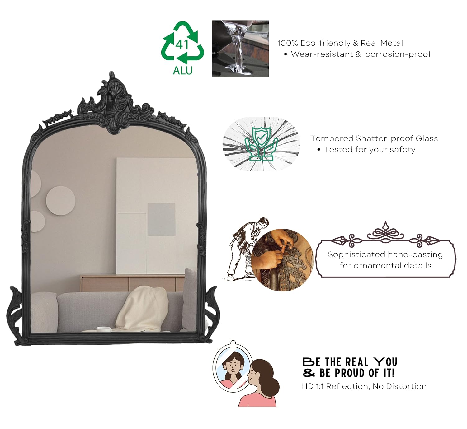 CORSICA Victorian Premium Metal Frame Arched Hand-Cast Mirror Black 90cm - Elegant Wall Decor for Living Room, Bedroom & Entryway