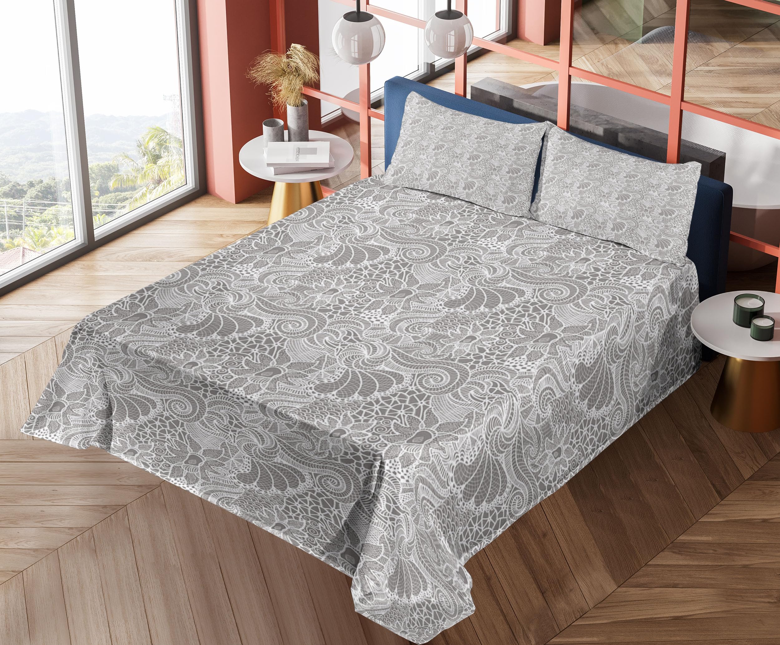 Ambesonne Floral Bed Sheet Set 4-Piece - King Size Grey & White Victorian Pattern with Fitted Sheet, Flat Sheet & Pillowcases | Classic Botanical Design for Master Bedroom, Guest Room or Vacation Home