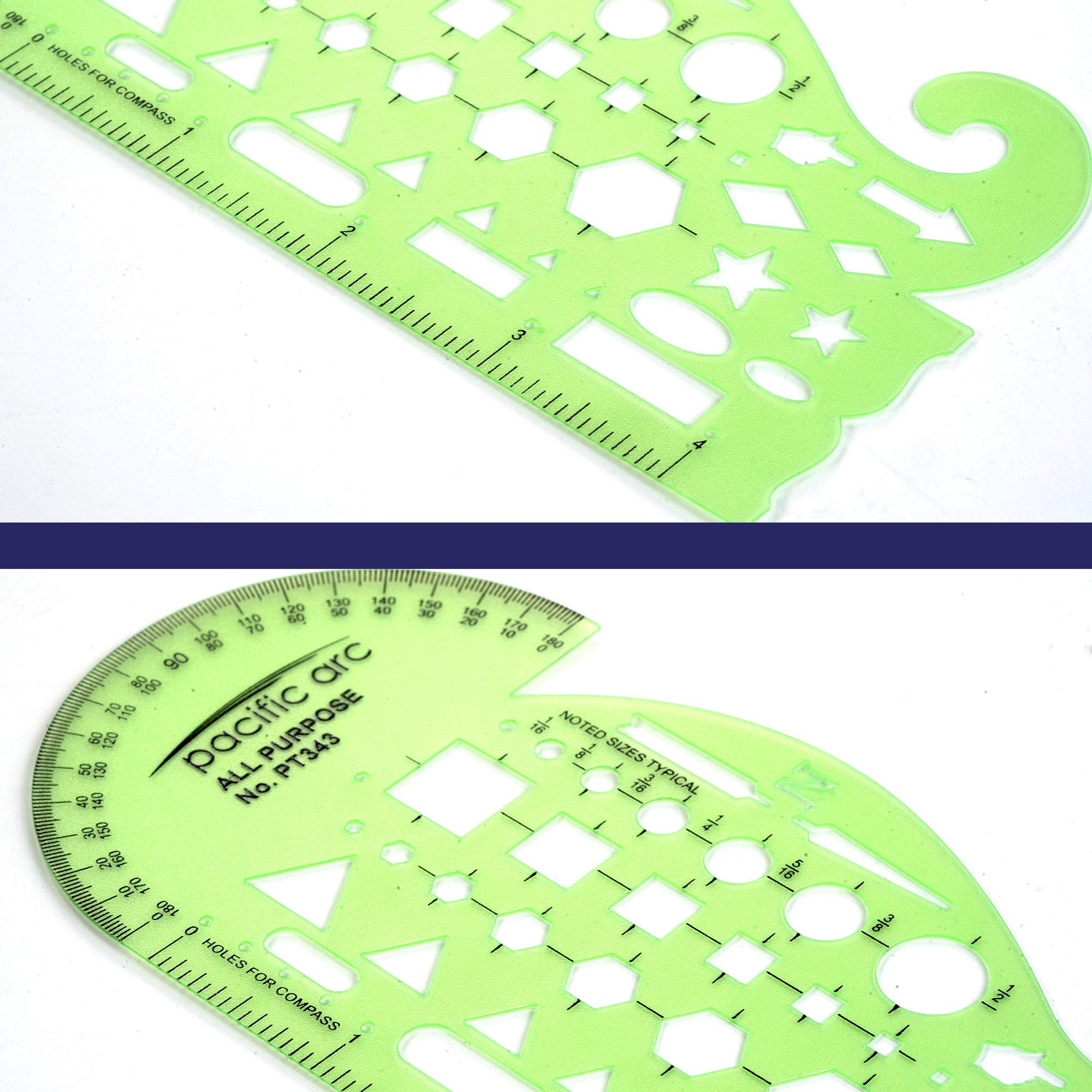 Pacific Arc All-Purpose Template Guide with Protractor, 4-Inch Ruler, French Curves & Standard Shapes - Perfect for Drafting, Architecture, Engineering & DIY Projects