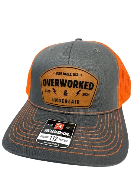 Funny Dad Hats for Men - Overworked & Underlaid Trucker Hat with Leather Patch - Perfect Fathers Day Gift from Wife - Golf & Casual Wear Hat for Men 2024 (Orange) - Great for Golfing, Father's Day Celebrations & Everyday Humor