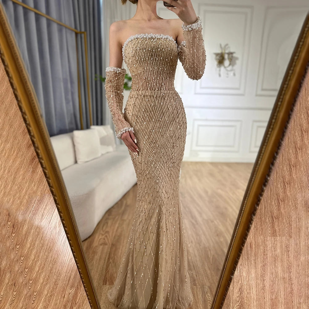 Elegant White Beaded Arabic Evening Gown with Gloves - Luxury Dubai Formal Dress LA72649 for Wedding, Gala & Special Occasions
