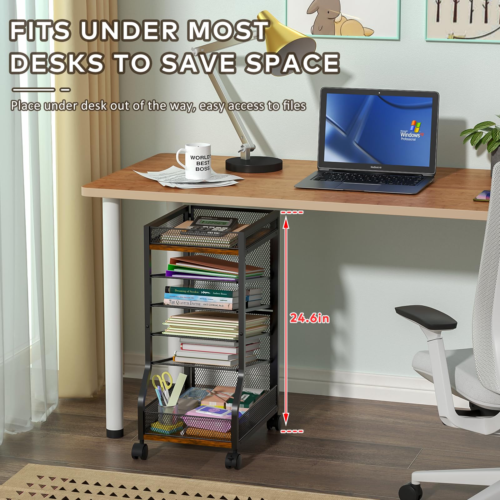 Keomaisyto 6-Tier Standing File Organizer - Slim Rolling File Cart with Wheels & Sliding Mesh Paper Trays | Under Desk File Holder for Office, Home & Study Organization | Perfect for Document Storage, Mail Sorting & Workspace Decluttering