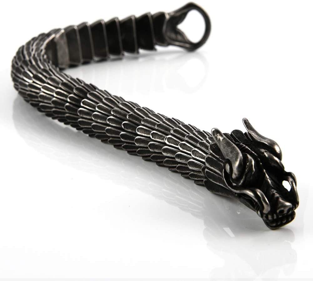 KUNOVO Men's Stainless Steel Dragon Head Ring & Chain Bracelet Set - Vintage Norse Pagan Jewelry with Animal Amulet Design - Perfect for Viking LARP, Cosplay and Gothic Fashion Accessories