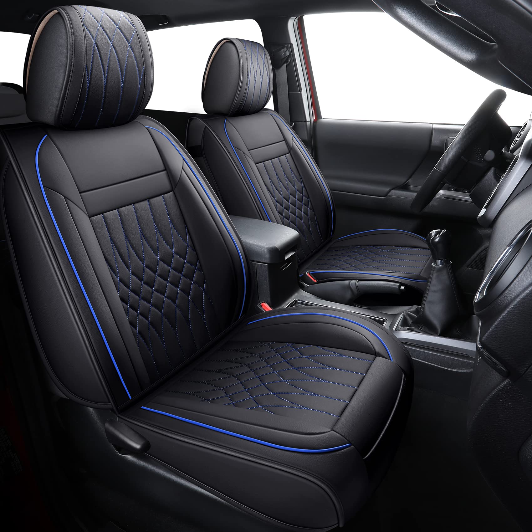 YIERTAI Waterproof Faux Leather Seat Covers for Toyota Tacoma 2005-2025 Models - Compatible with Crew Cab, Double Cab, Access Cab, TRD Off-Road, Limited, SR, SR5 & Trail Edition - 2-Piece Front Set (Black & Blue) - Perfect for Off-Roading, Camping & Daily Driving Protection