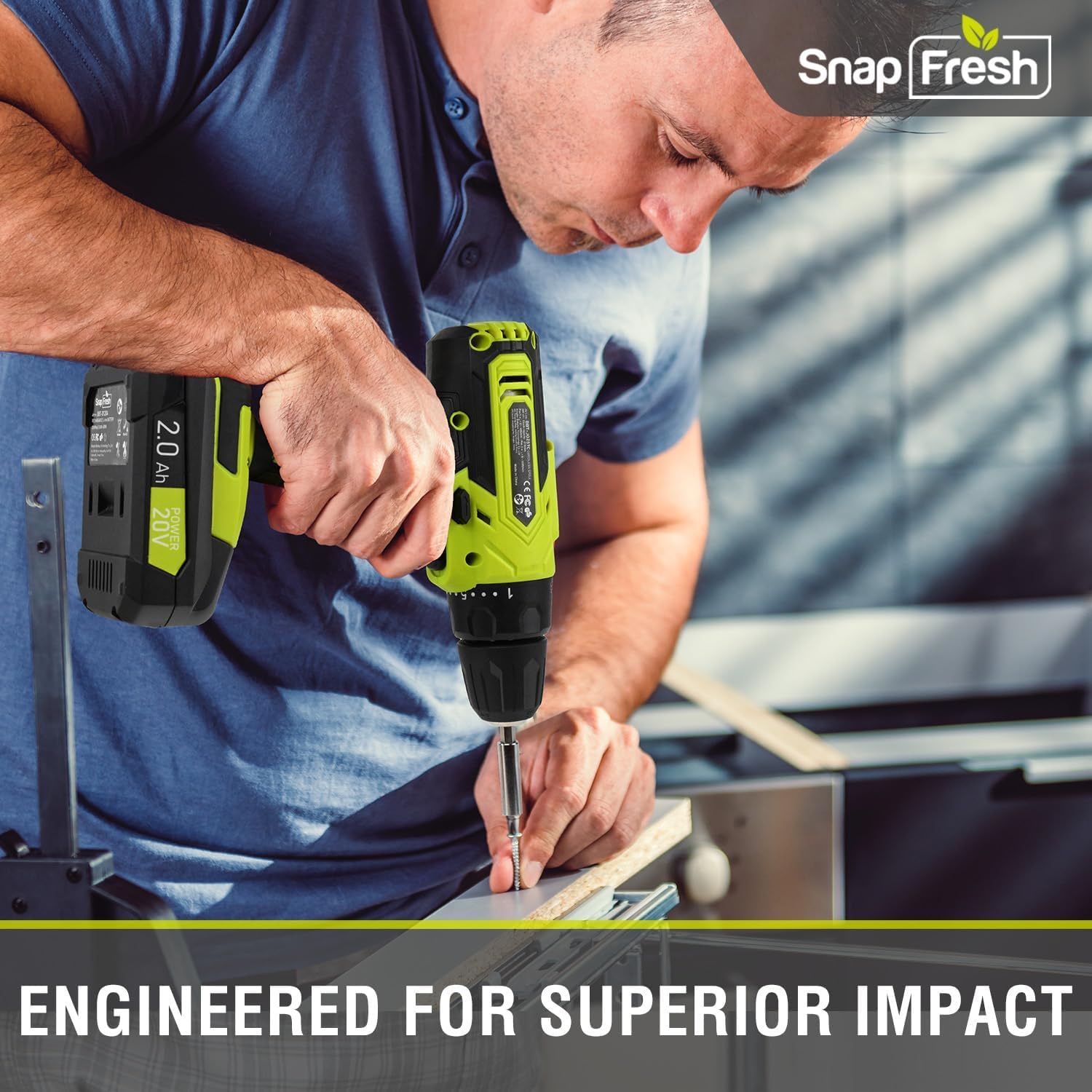SnapFresh 20V Cordless Drill Set with 2.0Ah Battery & Fast Charger - 3/8