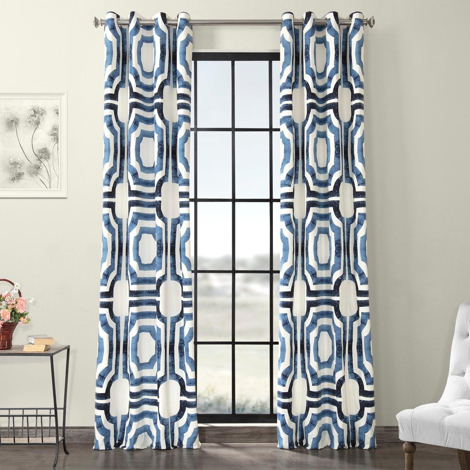 Mecca Blue Geometric Grommet Printed Cotton Blackout Curtains - Modern Window Treatment for Bedroom & Living Room