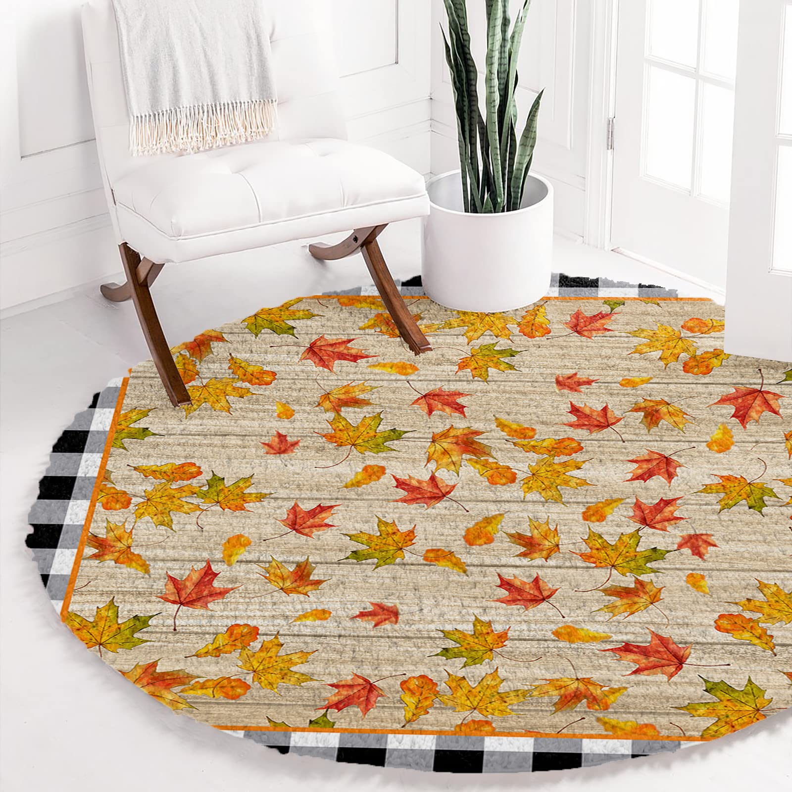 4ft Round Kids Area Rugs - Soft Plush Shaggy Maple Leaf & Wood Grain Carpet for Nursery, Bedroom, Living Room | Fall Thanksgiving Decor, Modern Home Accent | Non-Slip Floor Mat for Playroom & Cozy Spaces