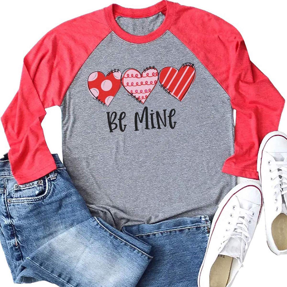 Women's Love Heart Raglan Long Sleeve T-Shirt - Valentine's Day Graphic Tee for Wife - Cute Casual Top for Date Night & Anniversary Gifts