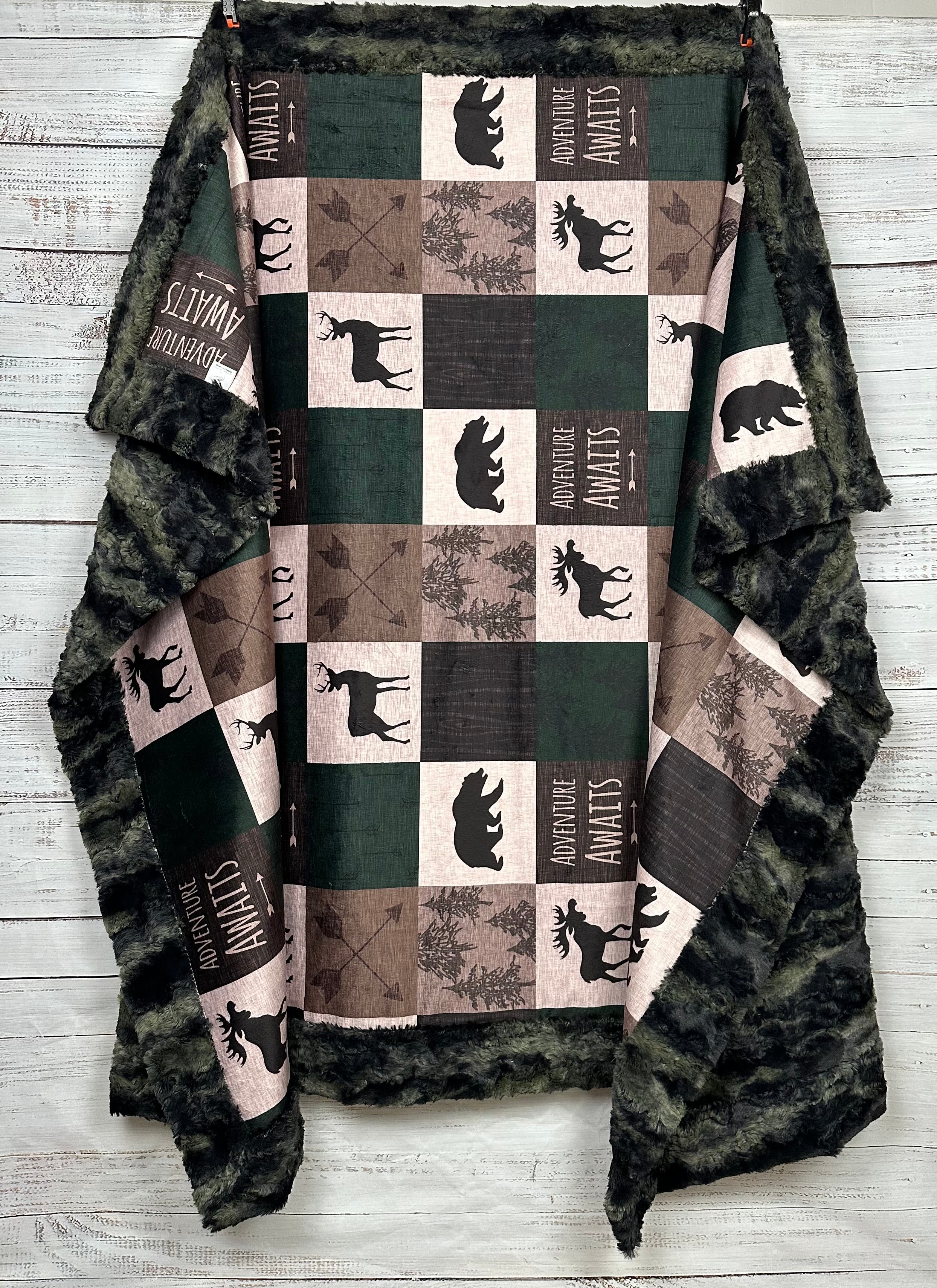 Adventure Awaits Camo Luxe Large Minky Blanket 55x79 Inches - Green & Brown Patchwork Design - Soft Plush Throw for Camping, Home Decor, and Outdoor Adventures