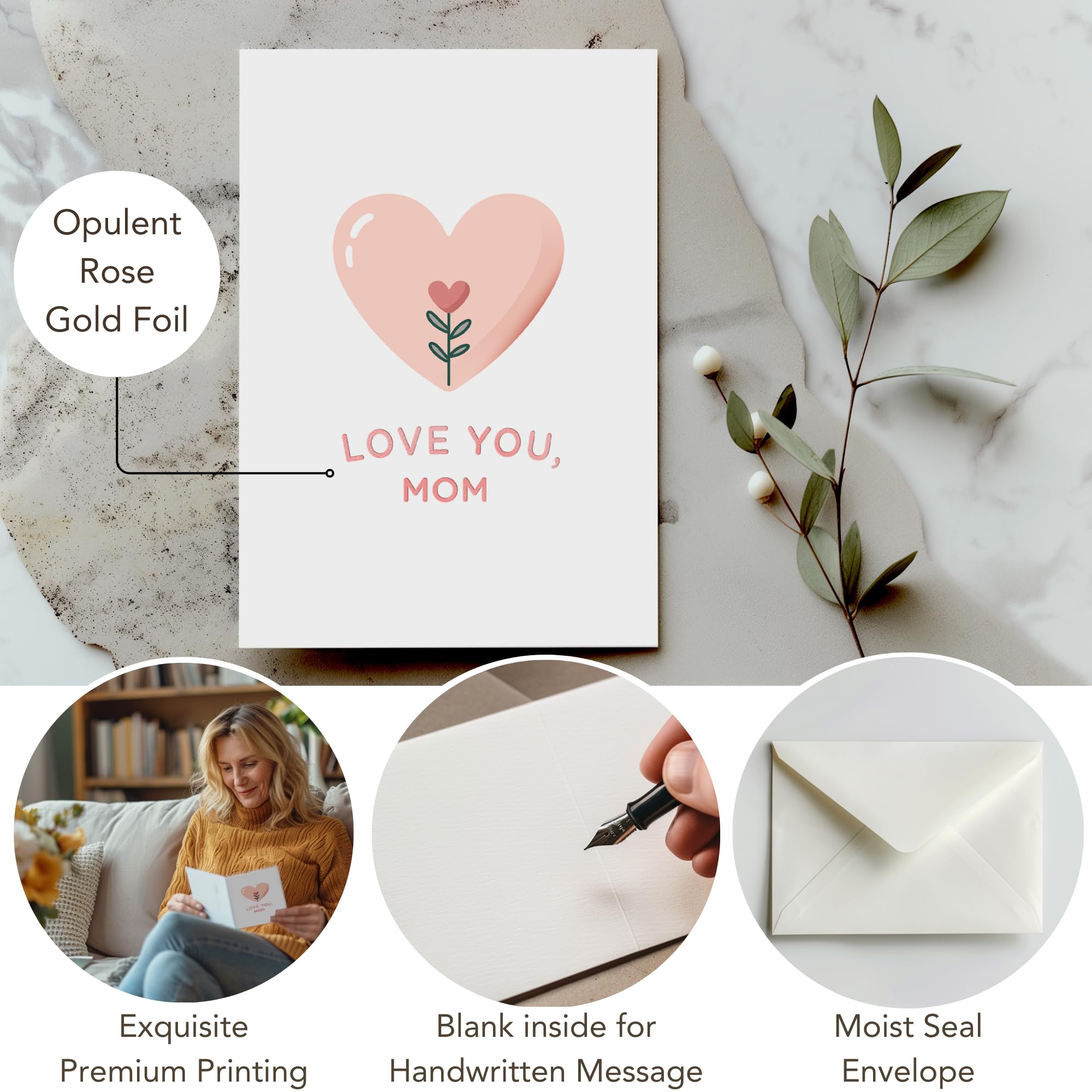 Elegant Rose Gold Mother's Day Card with Envelope - Perfect for Gifting
