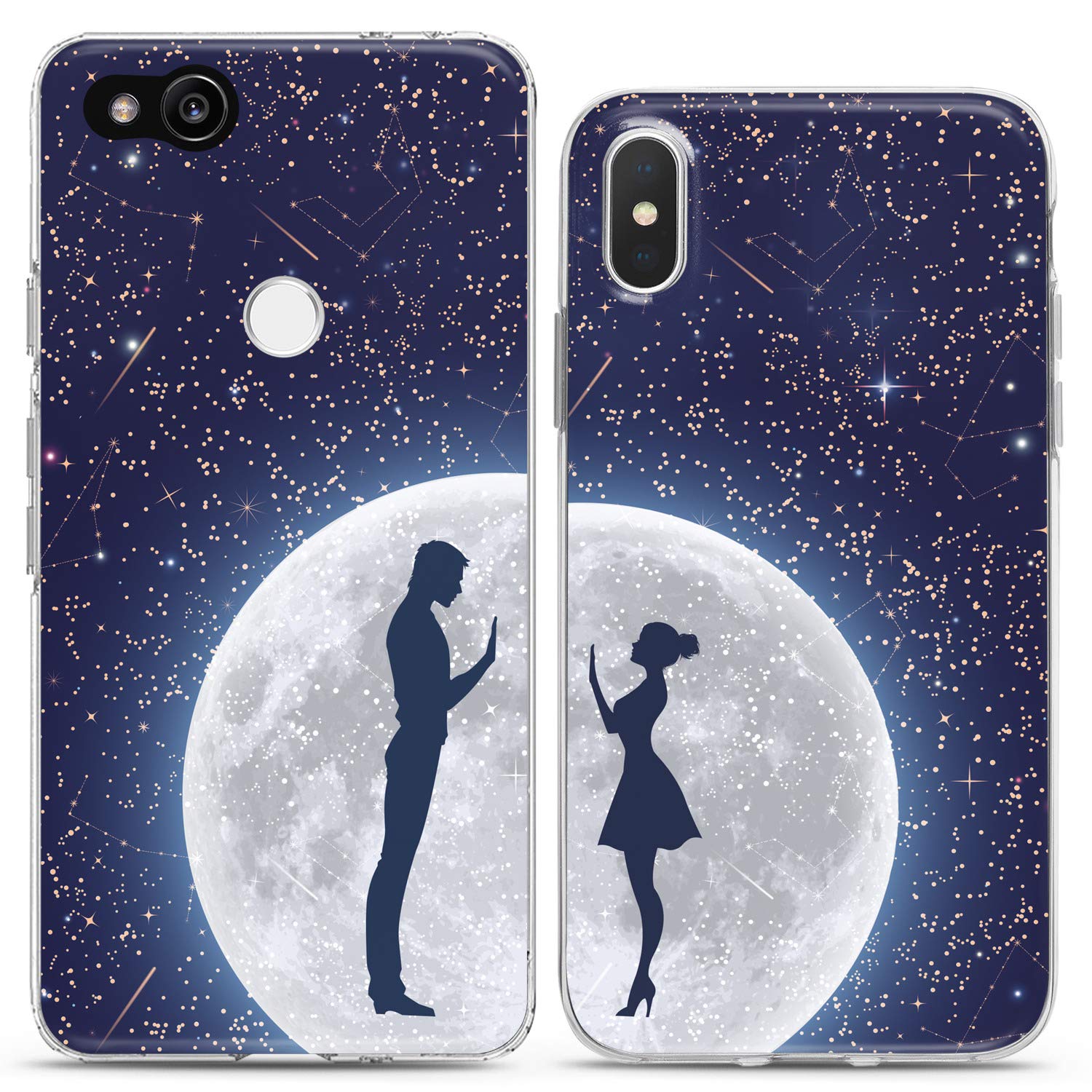 Matching Couple Phone Cases for iPhone 16/15/14/13/12/11 Pro Max/Mini/XS/X/8 Plus/7+/XR/SE - Romantic Moon & Stars Silicone Cover | Cute Relationship Gift for Girlfriend | Perfect for Date Nights & Anniversary Presents