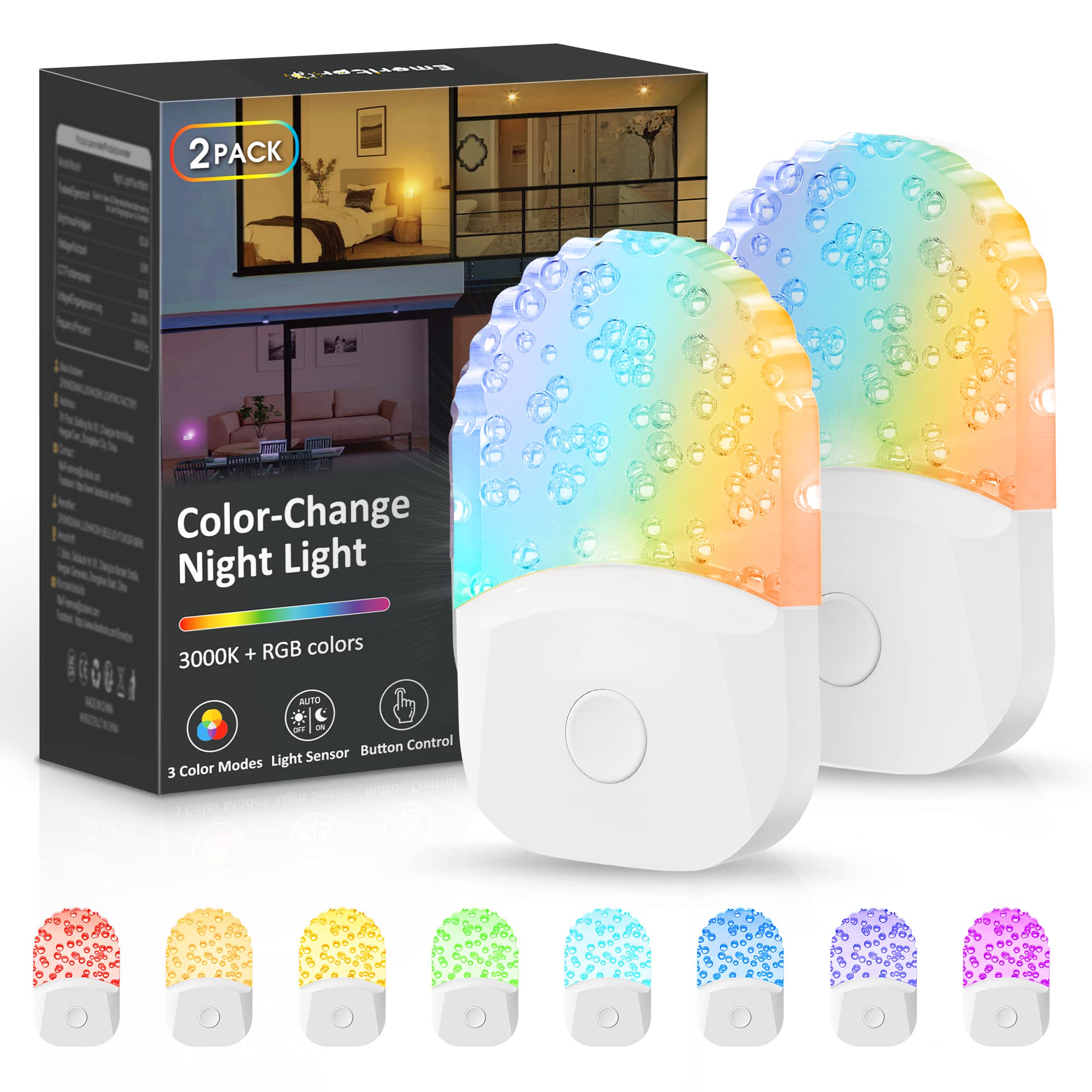 **Emeritpro LED Night Light Plug into Wall - Dusk to Dawn Sensor, Adjustable Brightness, Warm White & RGB Modes - Perfect for Kids, Baby, Nursery, Bedroom, Hallway (2 Pack)**