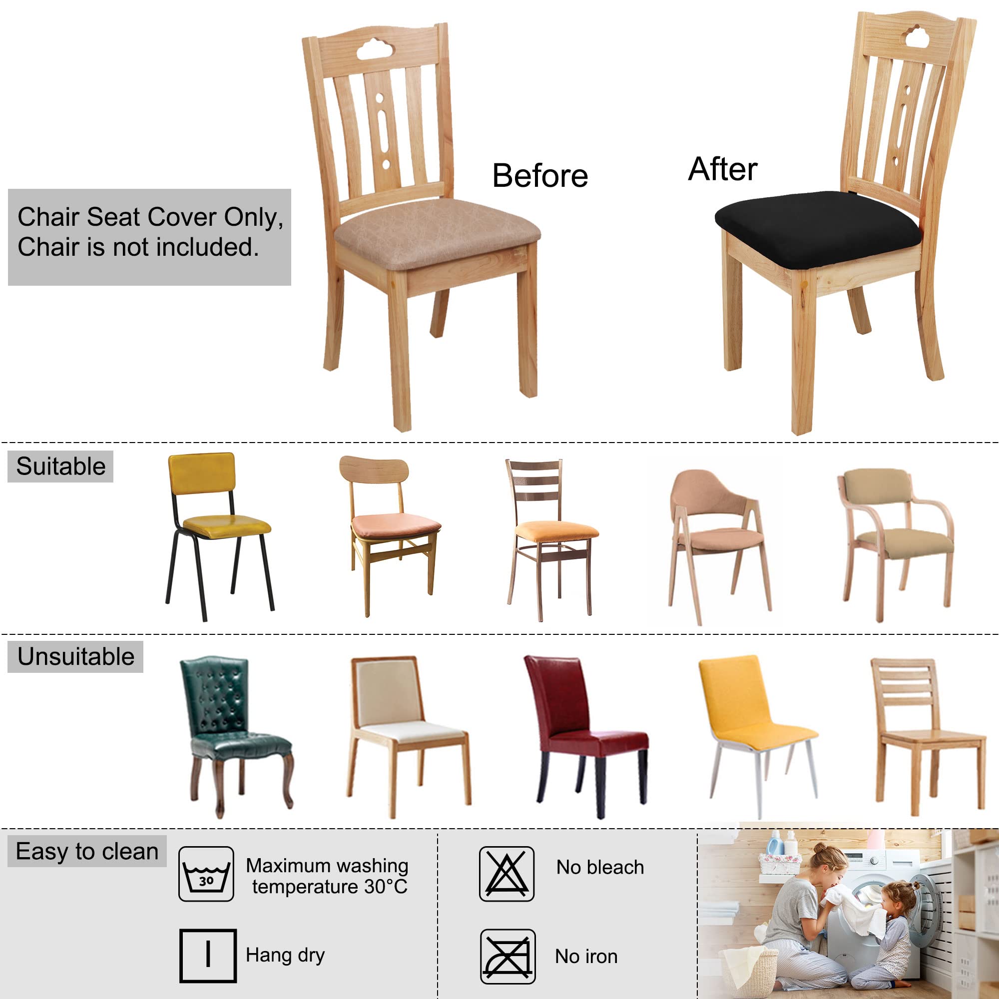 PiccoCasa Velvet Stretchable Printed Chair Seat Covers with Ties - Set of 6 Black Slipcovers for Dining Room & Kitchen Chairs - Perfect for Home Decor, Parties, and Daily Comfort