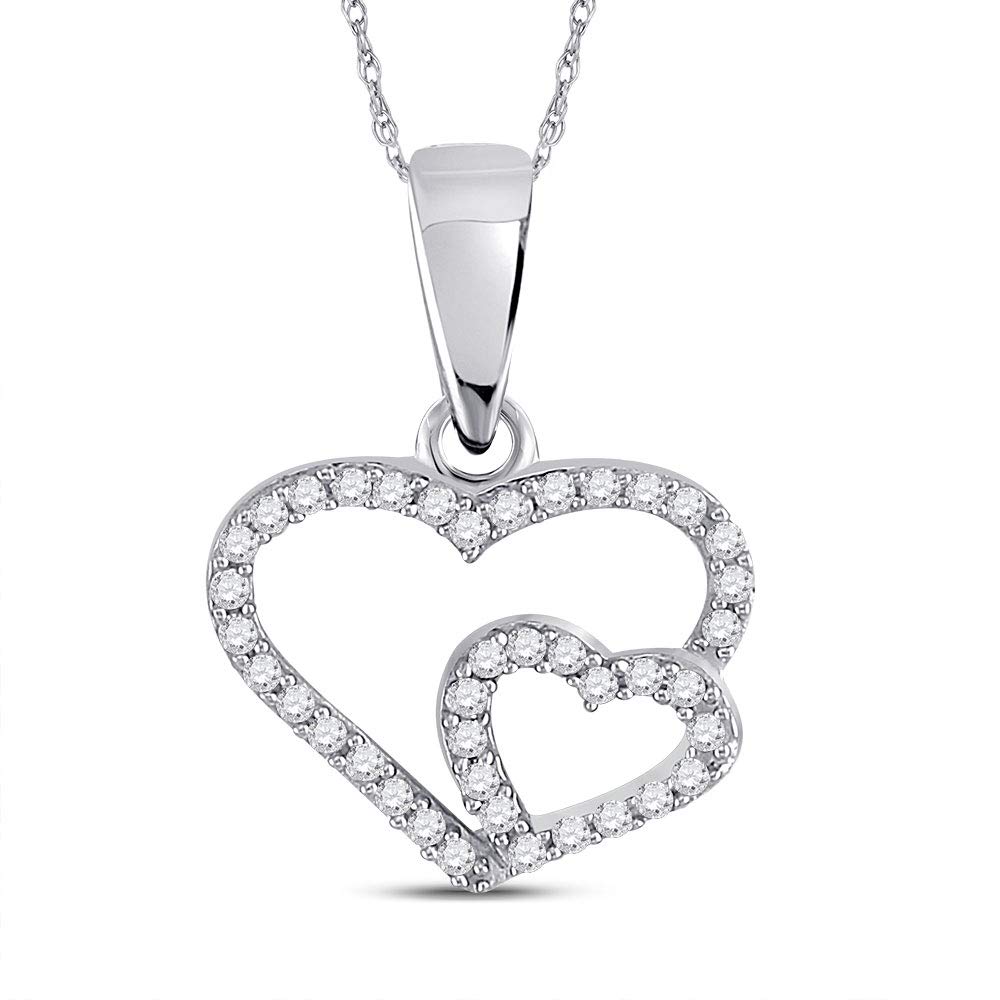 10K White Gold Women's Round Diamond Double Heart Pendant Necklace - 1/10 CTTW - Elegant Gift for Anniversary, Valentine's Day & Special Occasions