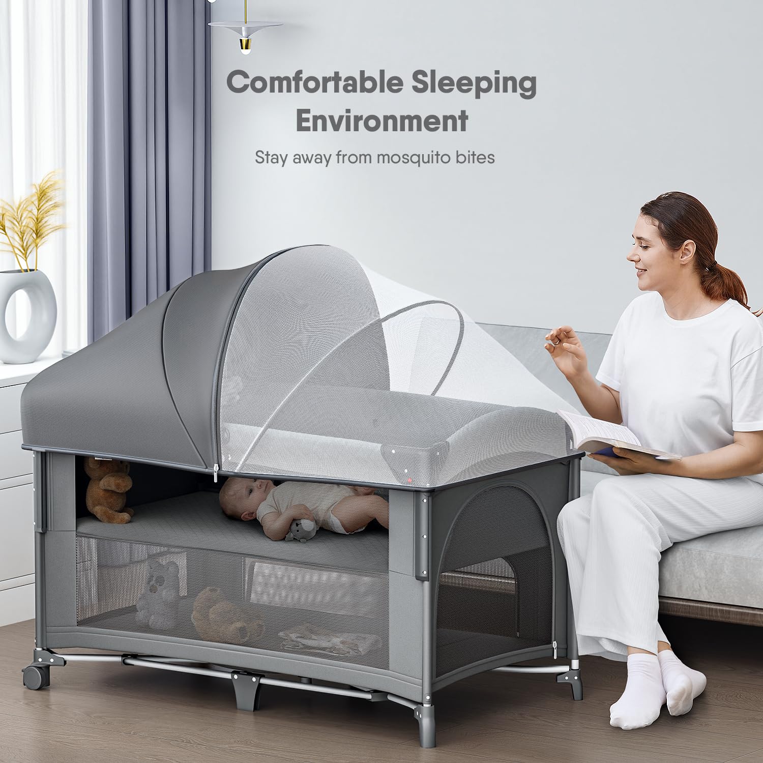 4 in 1 Baby Bassinet with Mattress - Portable Pack and Play, Bedside Crib Sleeper & Diaper Changer | Includes Mosquito Net, Storage Basket & Toy Bar | Perfect for Newborn to Toddler Nursery, Bedroom & Travel