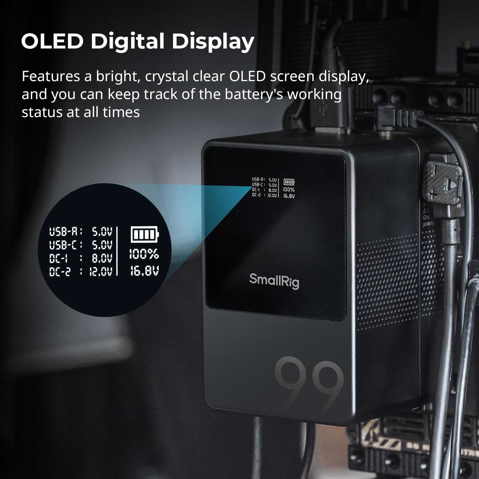 SmallRig VB99 99Wh Mini V-Mount Battery - 6800mAh with 100W USB-C Fast Charging, D-TAP, USB-A & Dual DC Ports | OLED Display | Power Solution for DSLR Cameras, Camcorders, Monitors & LED Lights | Perfect for Film Production, Live Streaming & Outdoor Shooting