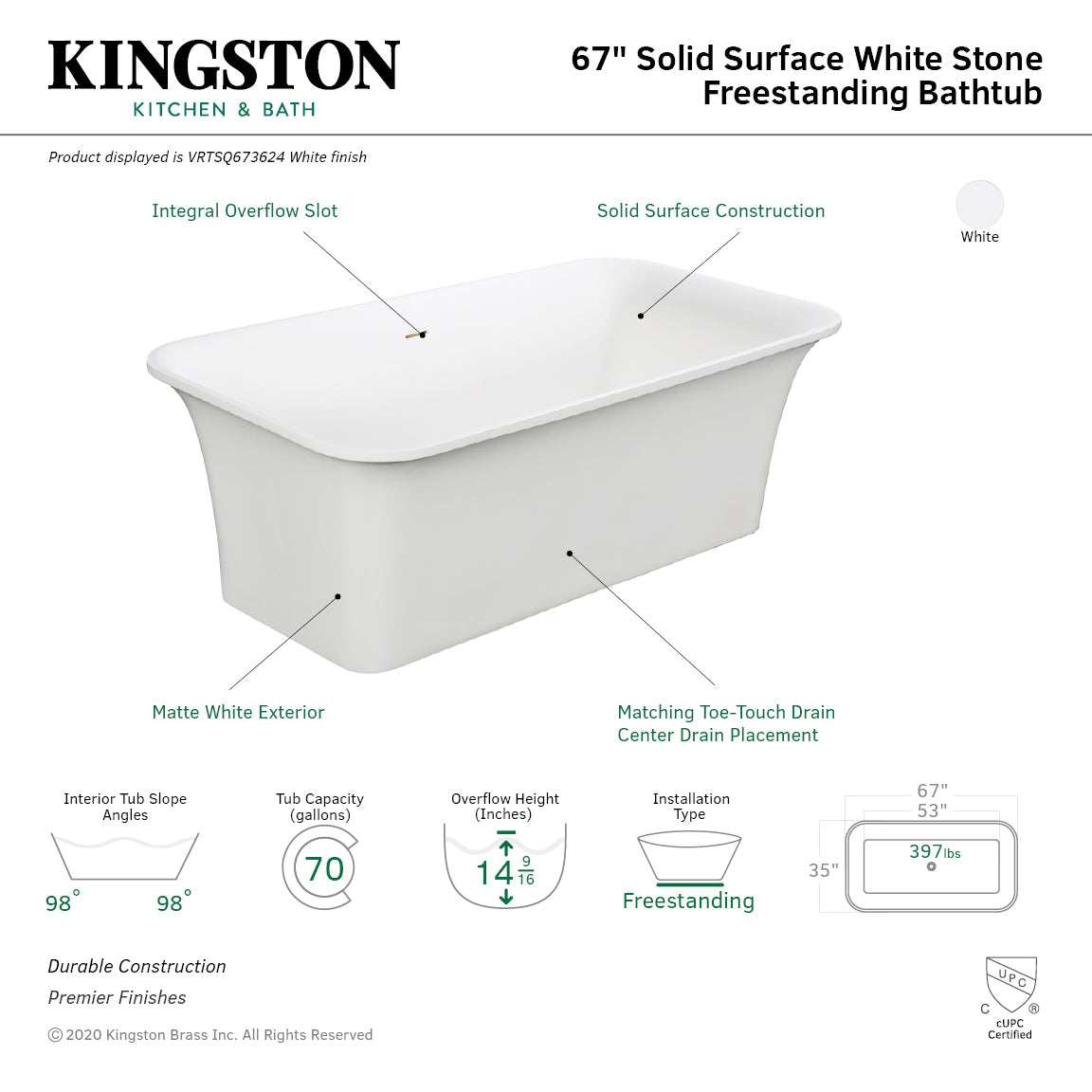 Arcticstone 67 Inch Freestanding Bathtub - Matte White Solid Surface Rectangular Double Ended Soaking Tub with Drain | Perfect for Luxury Bathrooms, Spa Retreats & Modern Home Decor