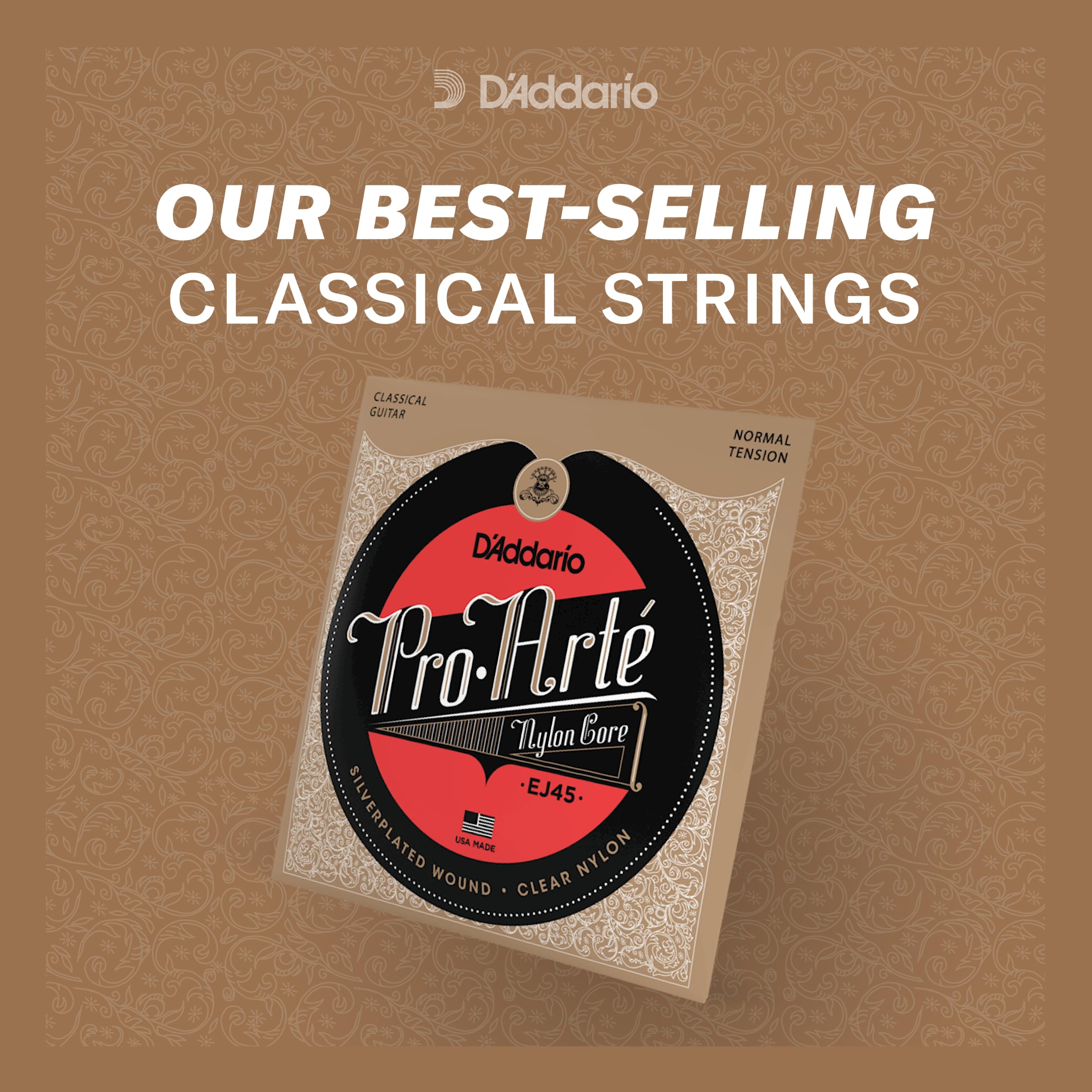 D'Addario EJ45 Pro-Arte Nylon Classical Guitar Strings - Normal Tension with Nylon Core Basses & Laser Selected Trebles | Balanced Volume & Comfortable Playability | Perfect for Classical, Flamenco & Fingerstyle Guitarists
