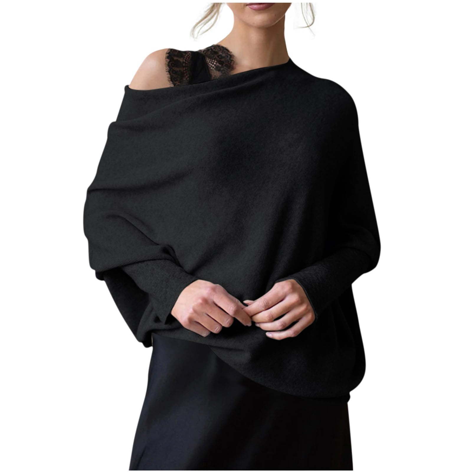 Women's Asymmetric Draped Jumper - Long Batwing Sleeve Boat Neck Off Shoulder Tunic Knit Winter Pullover Sweater | Cozy Winter Outfits, Casual Office Wear & Holiday Party Fashion