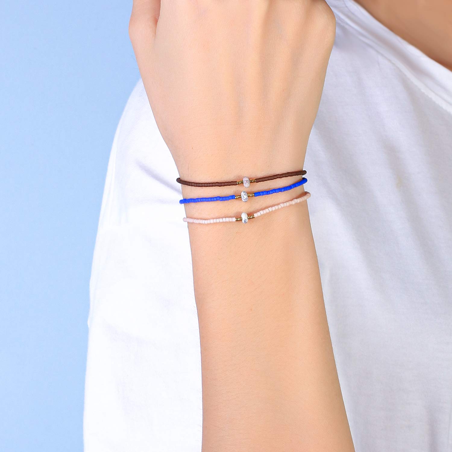 KELITCH Agate Seed Beads Friendship Bracelets for Women - Thin Boho Beaded Bracelet Set - Handmade Stretchy Adjustable Wristbands - Perfect for Beach, Summer, Yoga, and Everyday Wear