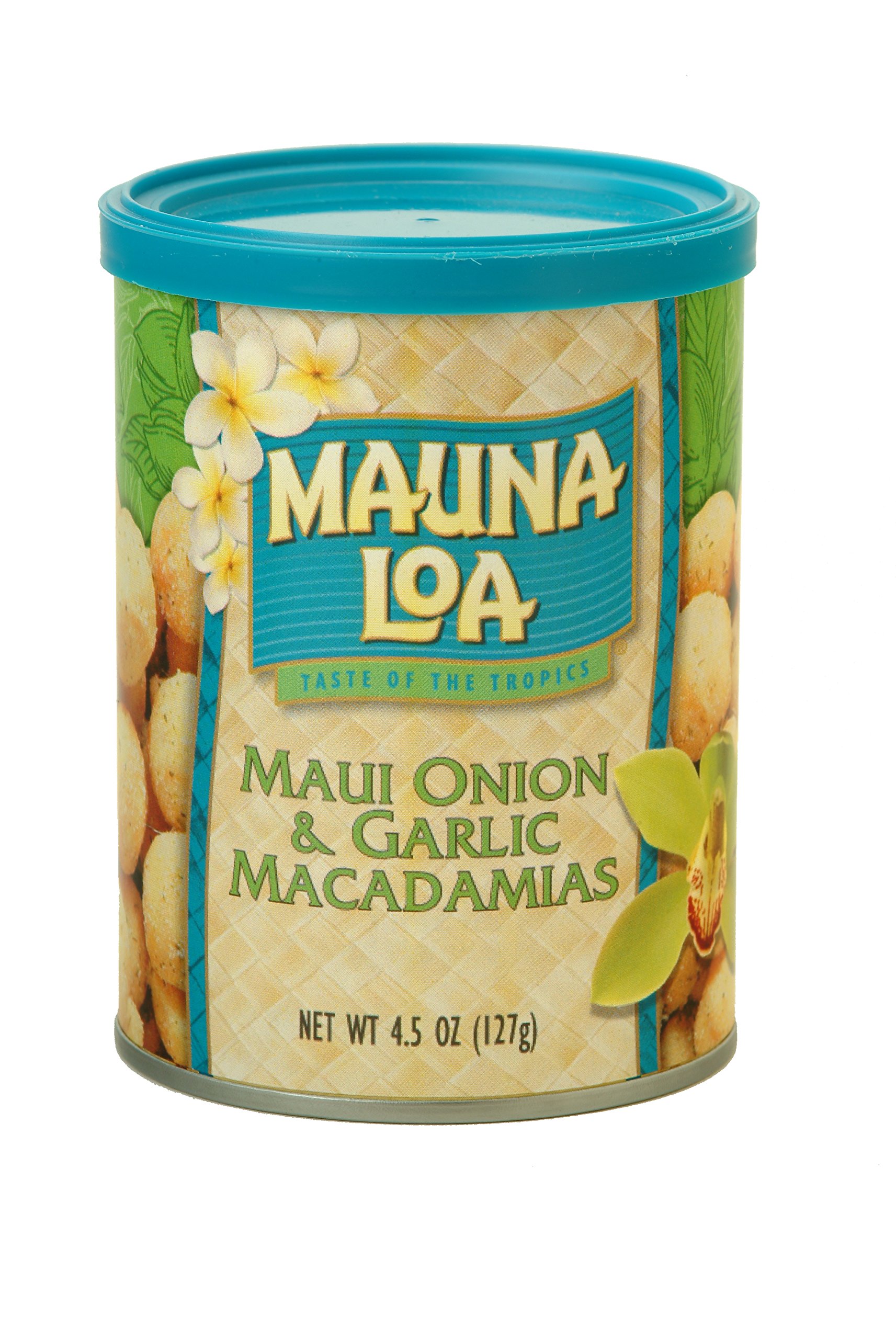Premium Hawaiian Macadamia Nuts - Mauna Loa Roasted Macadamias with Maui Onion & Garlic Flavor, 4.5oz Can (12 Pack) - Perfect for Snacking, Gifts & Hawaiian-Themed Parties