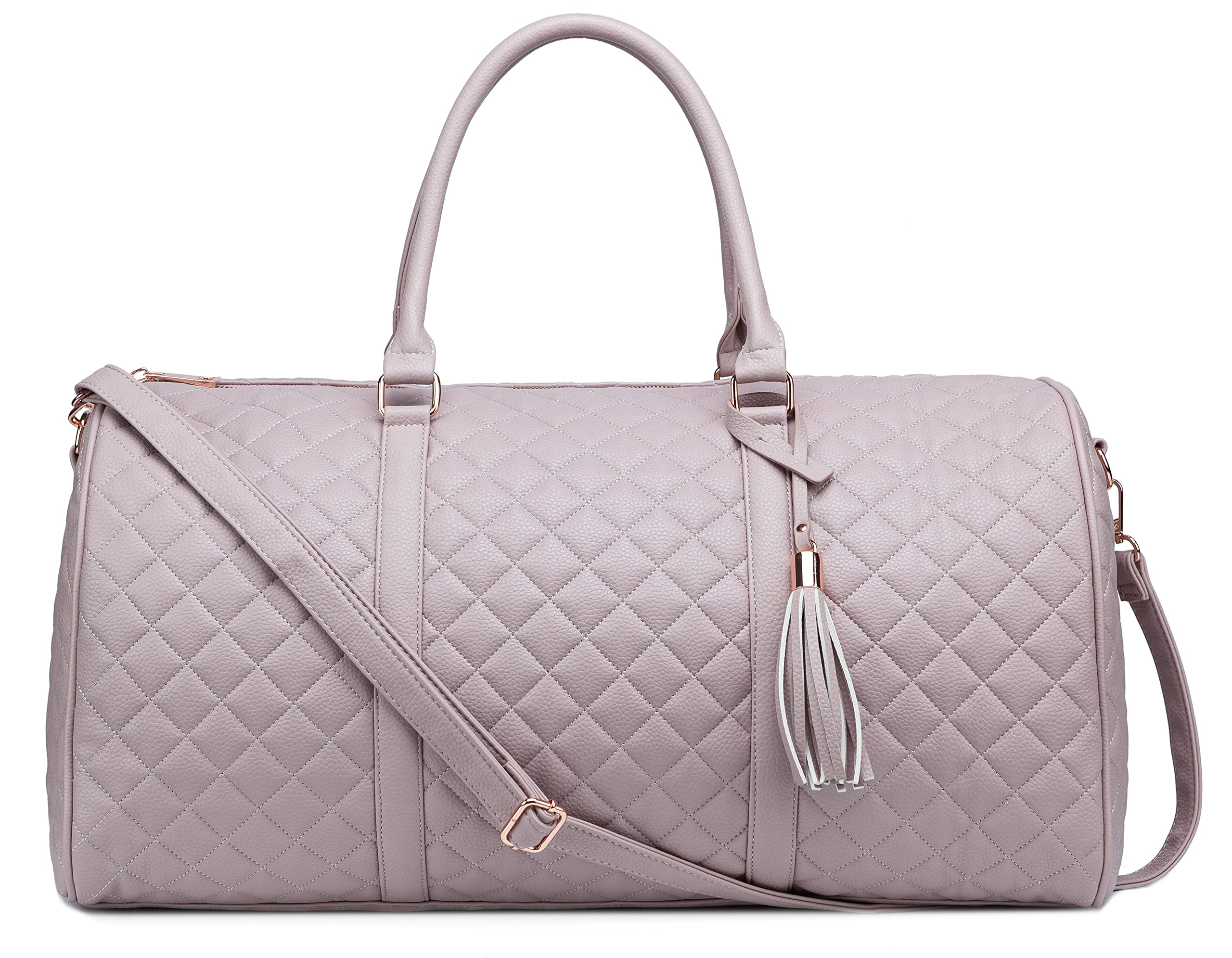 Stylish Women's Quilted Leather Weekender Bag with Rose Gold Hardware - 22 Inch Large Travel Duffle - Luxe Satin Lining in Dusty Pink - Perfect for Weekend Getaways, Business Trips & Gym Essentials
