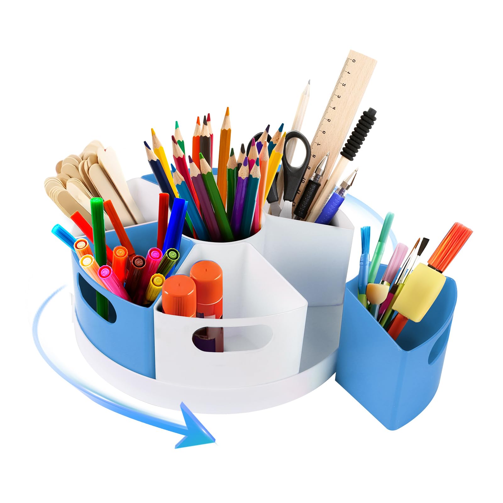 360° Rotating Kids Art Supply Organizer - Crayon, Marker & Pencil Holder for Desk - Classroom Storage Caddy for Teachers & Students - Blue (Perfect for Homeschool, Art Class & Craft Room Organization)