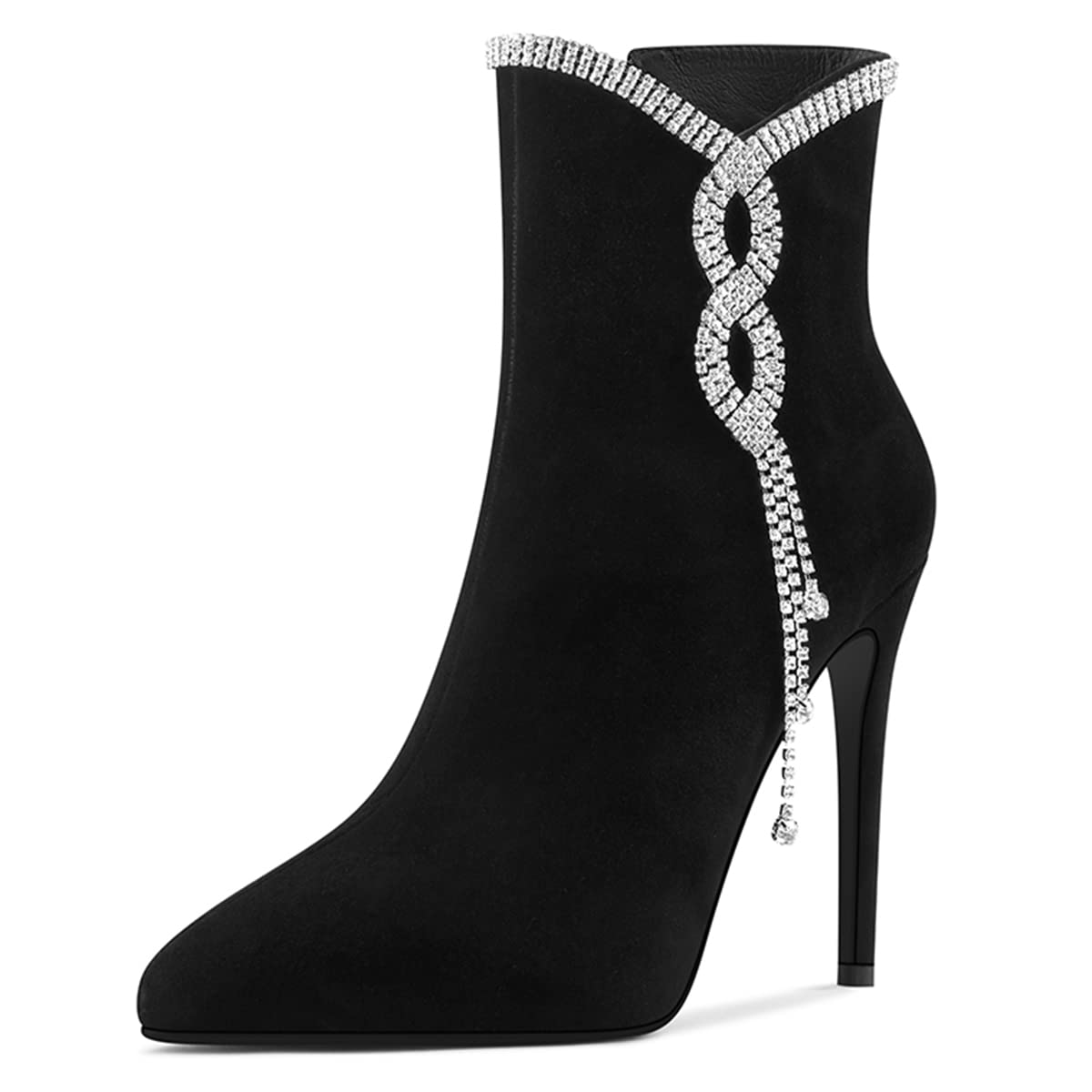 YDN Women's Rhinestone Chain Pointy Toe Stiletto High Heel Ankle Boots - Side Zipper Faux Suede Dress Shoes (US Size 4-15) for Party, Wedding & Formal Occasions