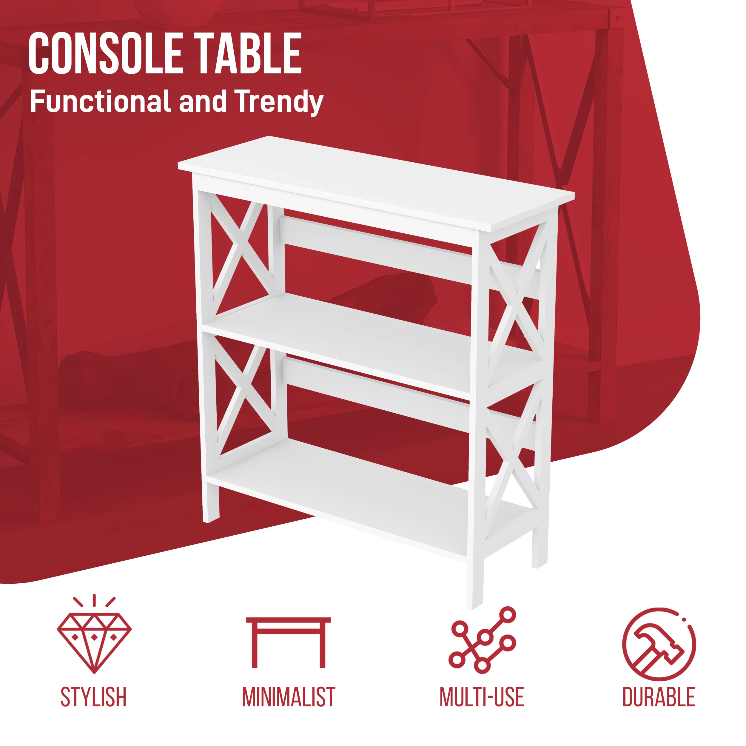White Modern Console Table with 2 Storage Shelves - TV Stand, Entryway Table for Living Room, Bedroom & Office - Multi-Functional Sofa Side Table & Couch Caddy for Home Decor | Perfect for Small Spaces, Apartment Essentials & Housewarming Gifts