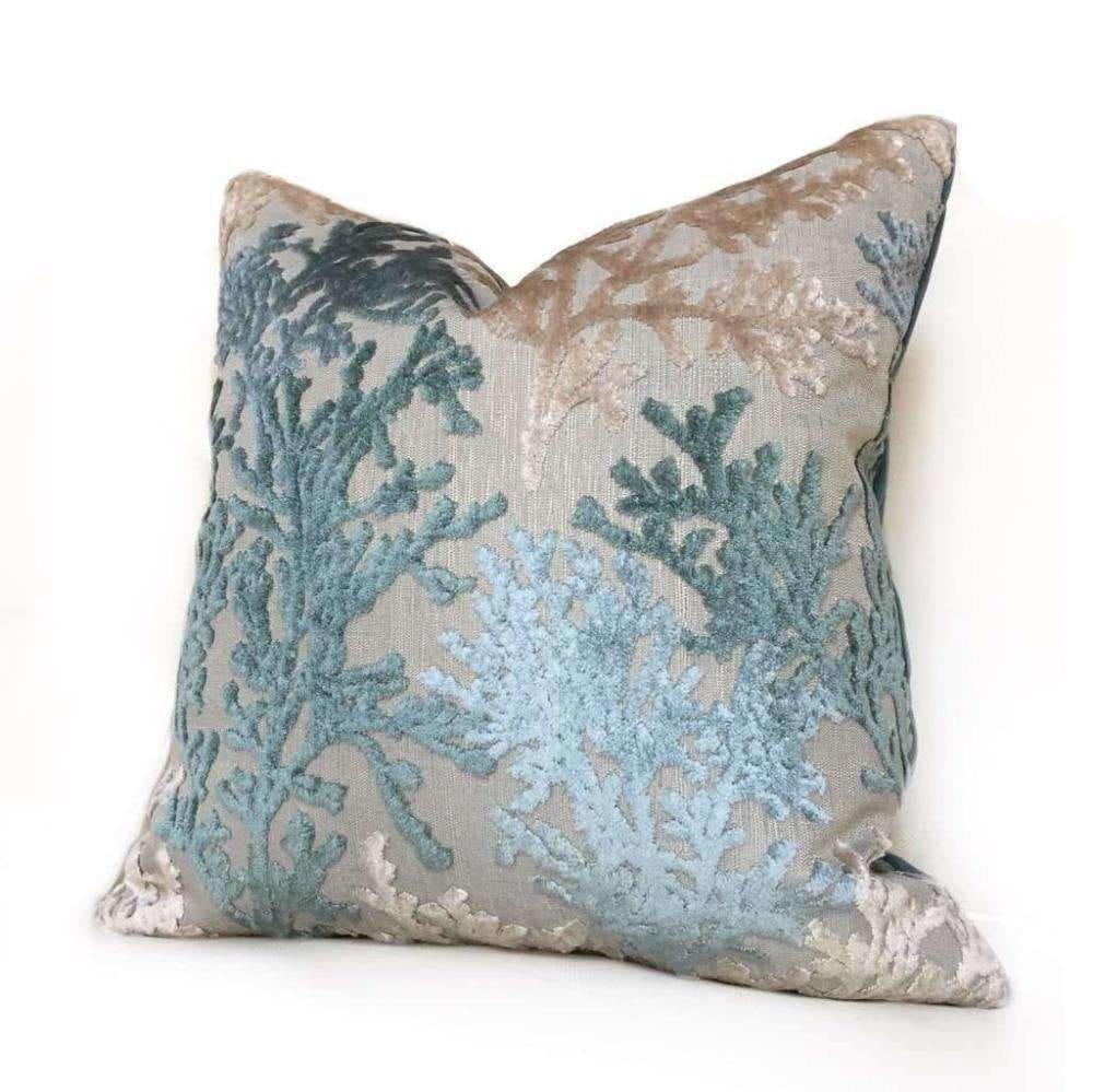 Lahaina Coral Reef Cut Velvet Pillow Cover - Seafoam Green & Beige Decorative Throw Pillow Case for Sofa, Bedroom & Living Room Decor