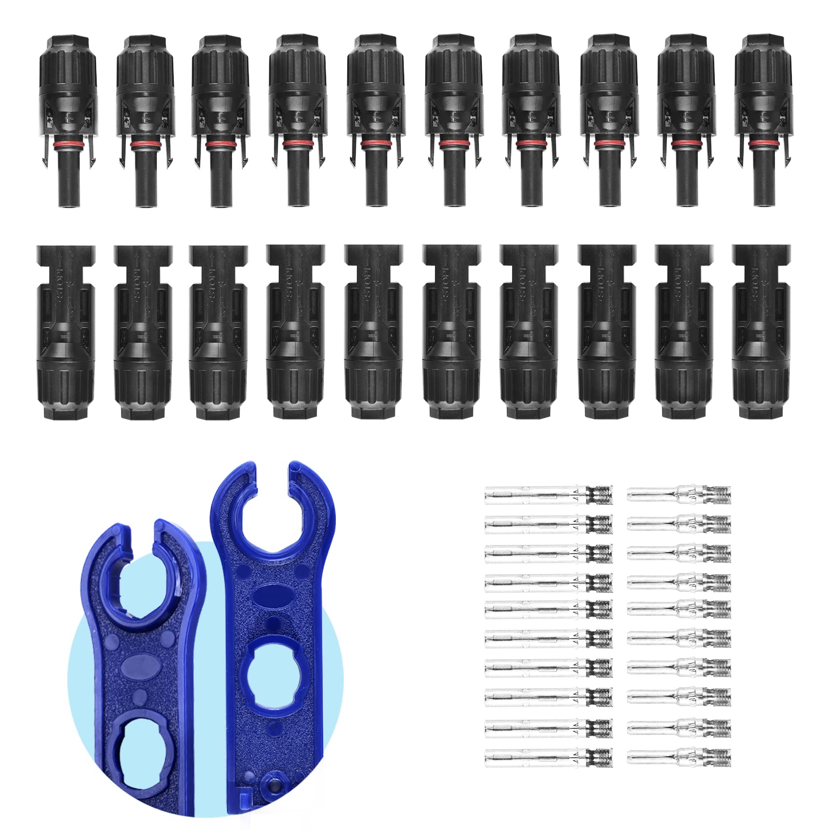 MUYI 42PCS IP67 Waterproof Solar Panel Connectors Kit - 1000V 30A MC4 Male/Female Plugs with 2 Spanners (10 Pairs) for Solar Power Systems, RV, Boat & Off-Grid Applications