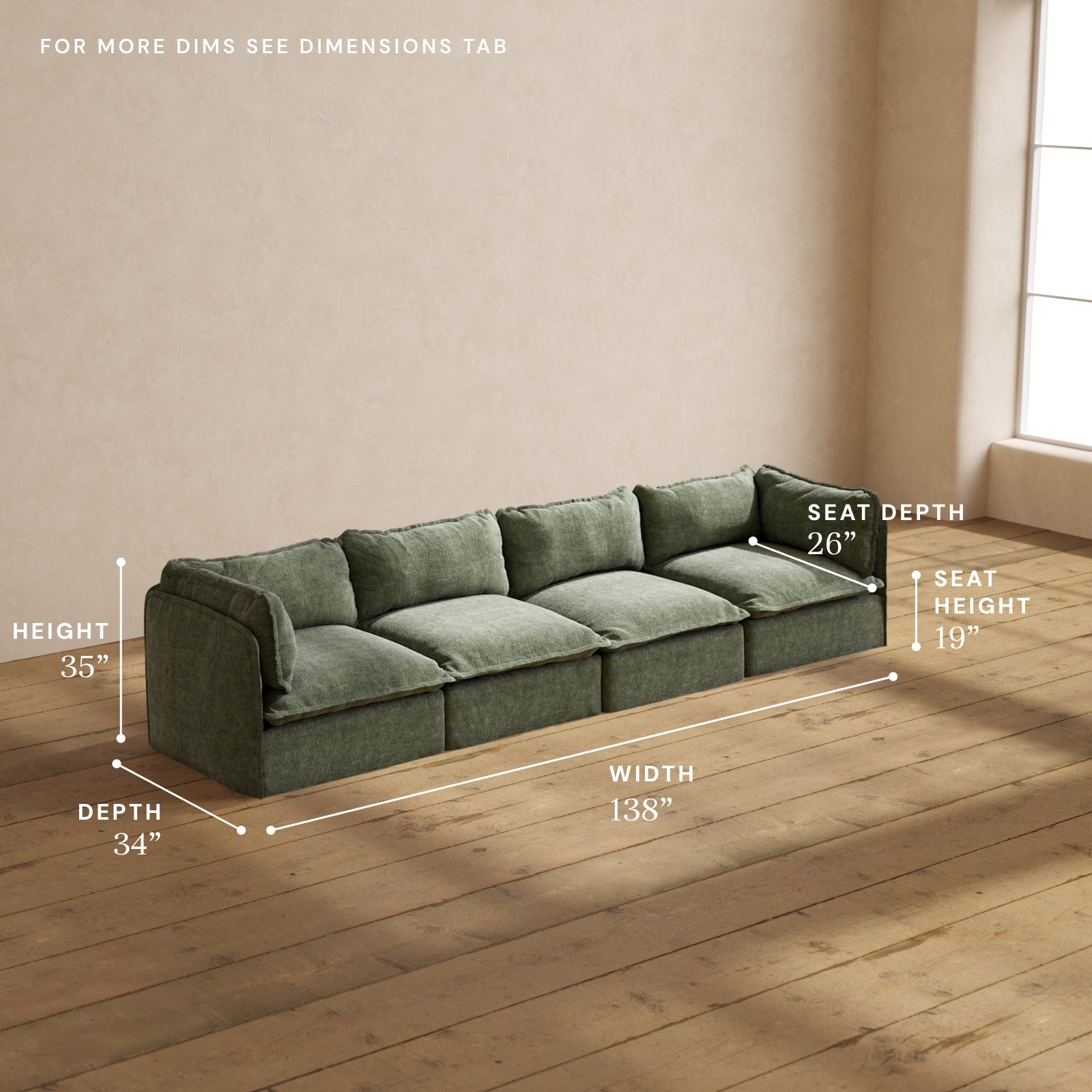 Modular Performance 4-Seater Sofa in Willow Fabric - Comfortable Blend for Living Room, Lounge & Family Room Relaxation