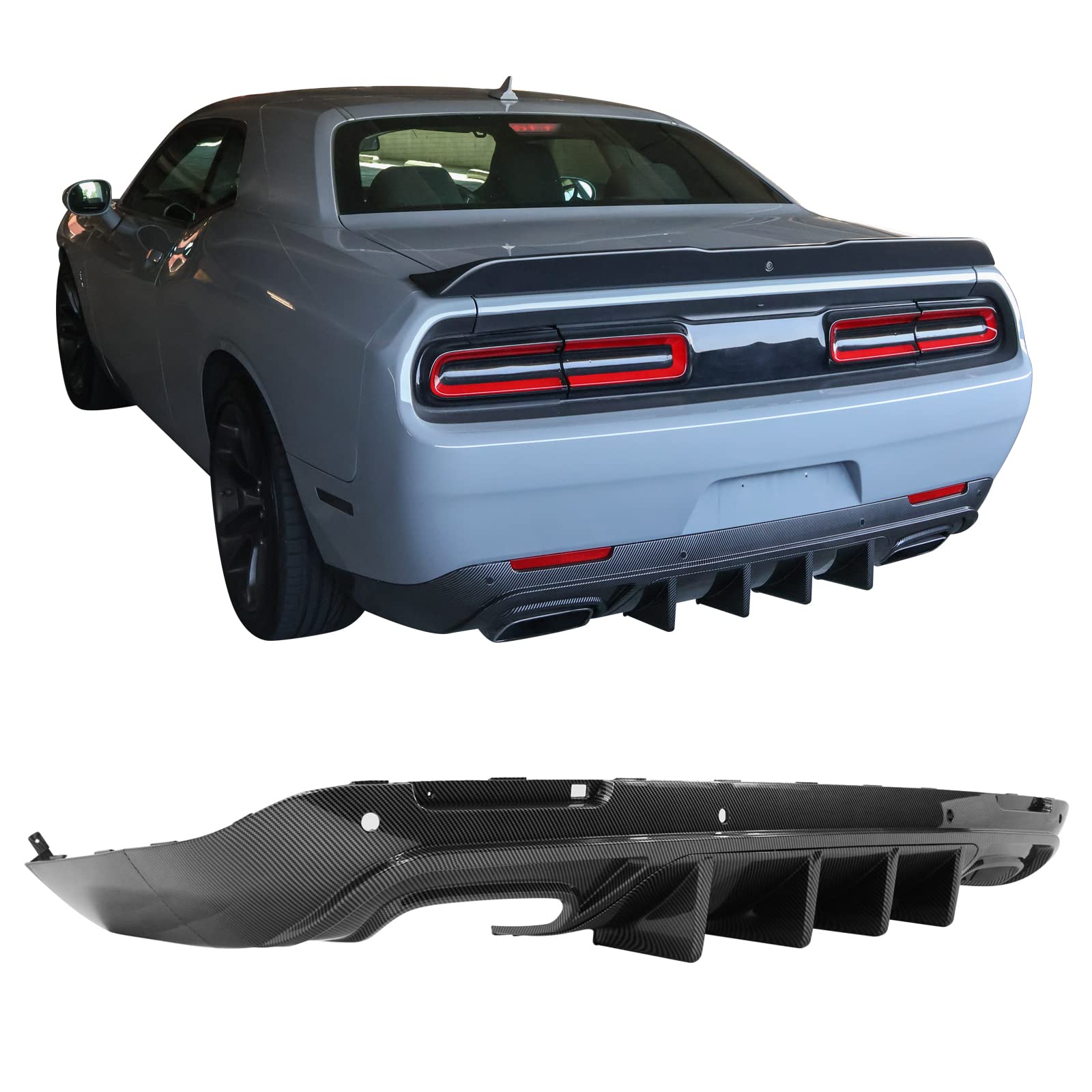 IKON MOTORSPORTS Rear Diffuser for 2015-2023 Dodge Challenger | V1 Style Carbon Fiber Print PP Rear Bumper Lip Spoiler with Shark Fins | Upgrade Your Ride for Street Racing & Car Shows