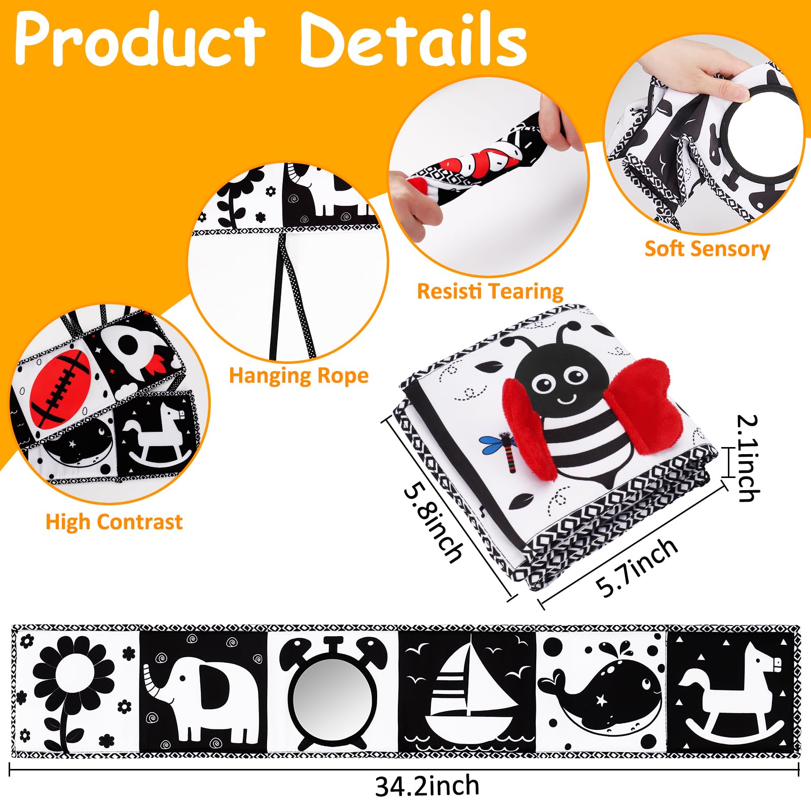High Contrast Baby Toys 0-12 Months - Soft Sensory Books for Newborns 0-3 Months | Montessori Toys for Brain Development | Tummy Time & Shower Gifts for Infants (Black & White) - Perfect for Nursery, Playtime & Early Learning