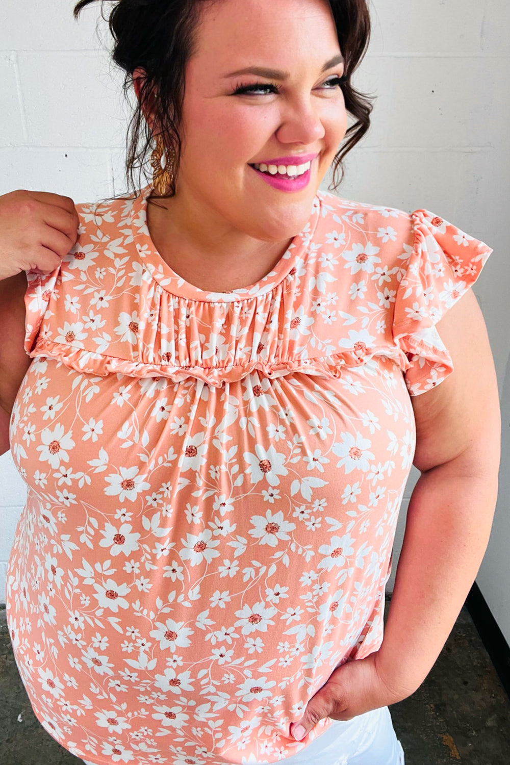 Peach Floral Print Frilled Short Sleeve Yoke Top for Women | Summer Blouse | Casual & Party Wear