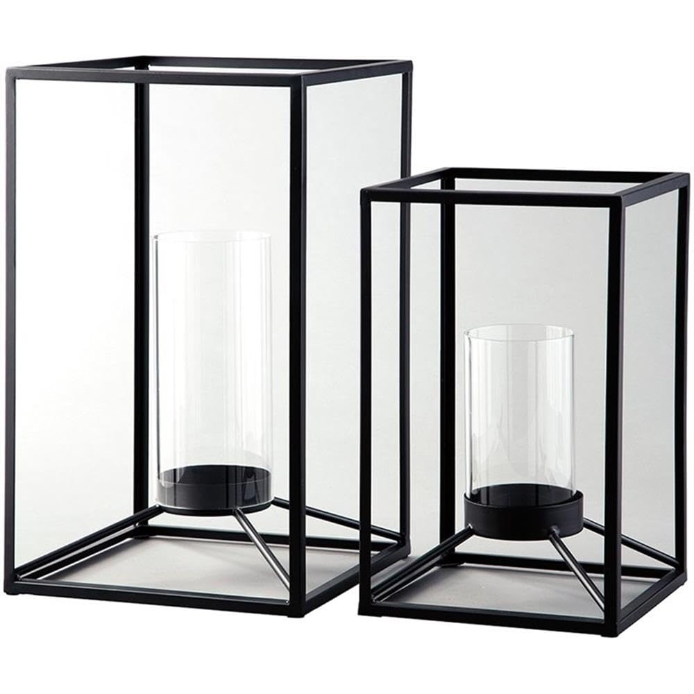 Bowery Hill Modern 2-Piece Metal & Glass Lantern Candle Holder Set - Elegant Home Decor for Dining Table, Fireplace Mantel, and Outdoor Patio Lighting