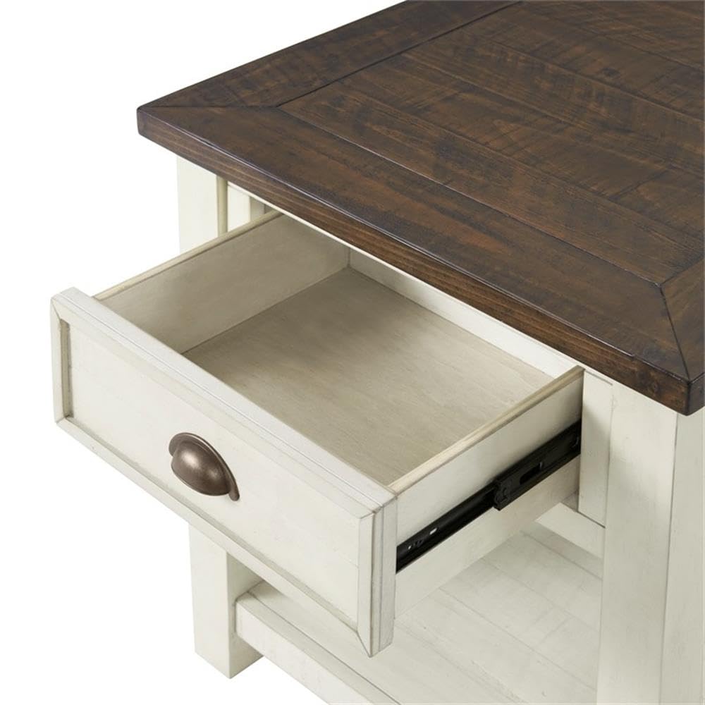 BOWERY HILL Farmhouse Wood 1 Drawer End Table - Cream White & Brown - Rustic Nightstand for Bedroom, Living Room, or Entryway