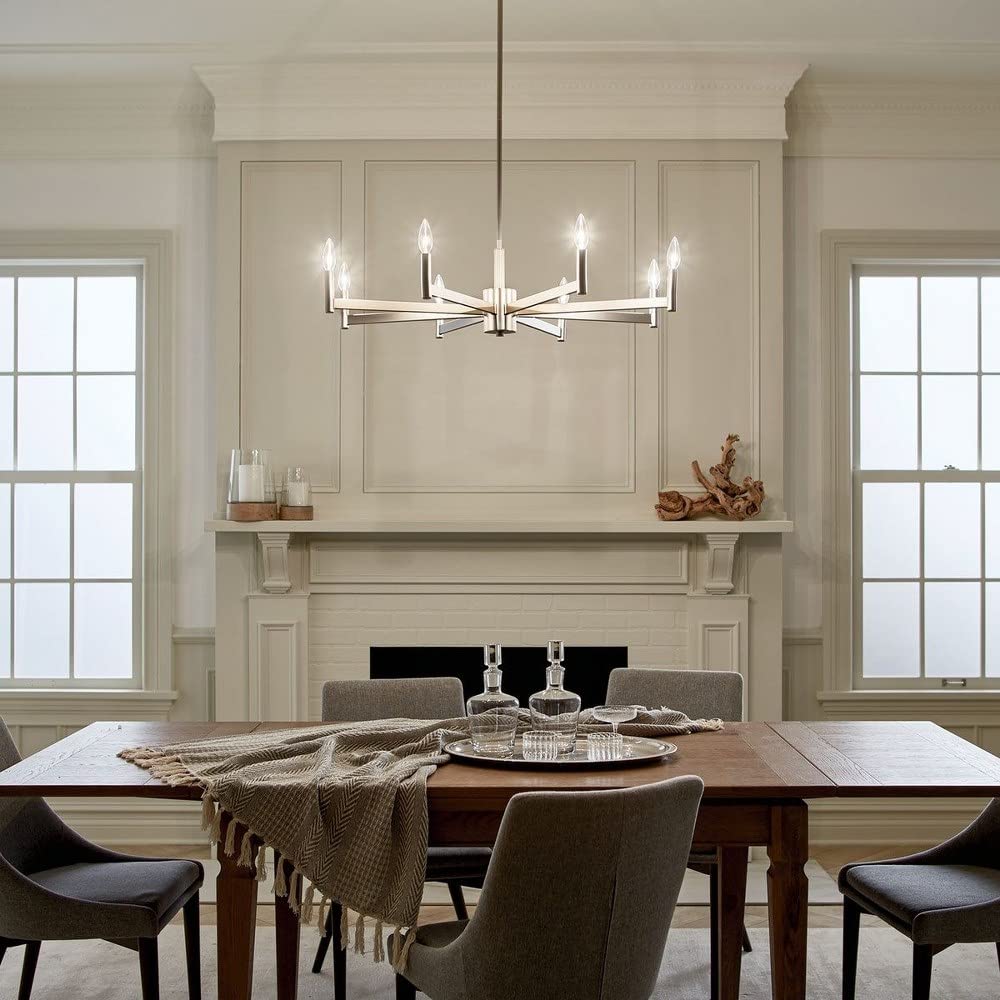8-Light Modern Farmhouse Chandelier in Satin Nickel Finish - Rustic Dining Room Lighting for Kitchen Island, Entryway & Farmhouse Decor