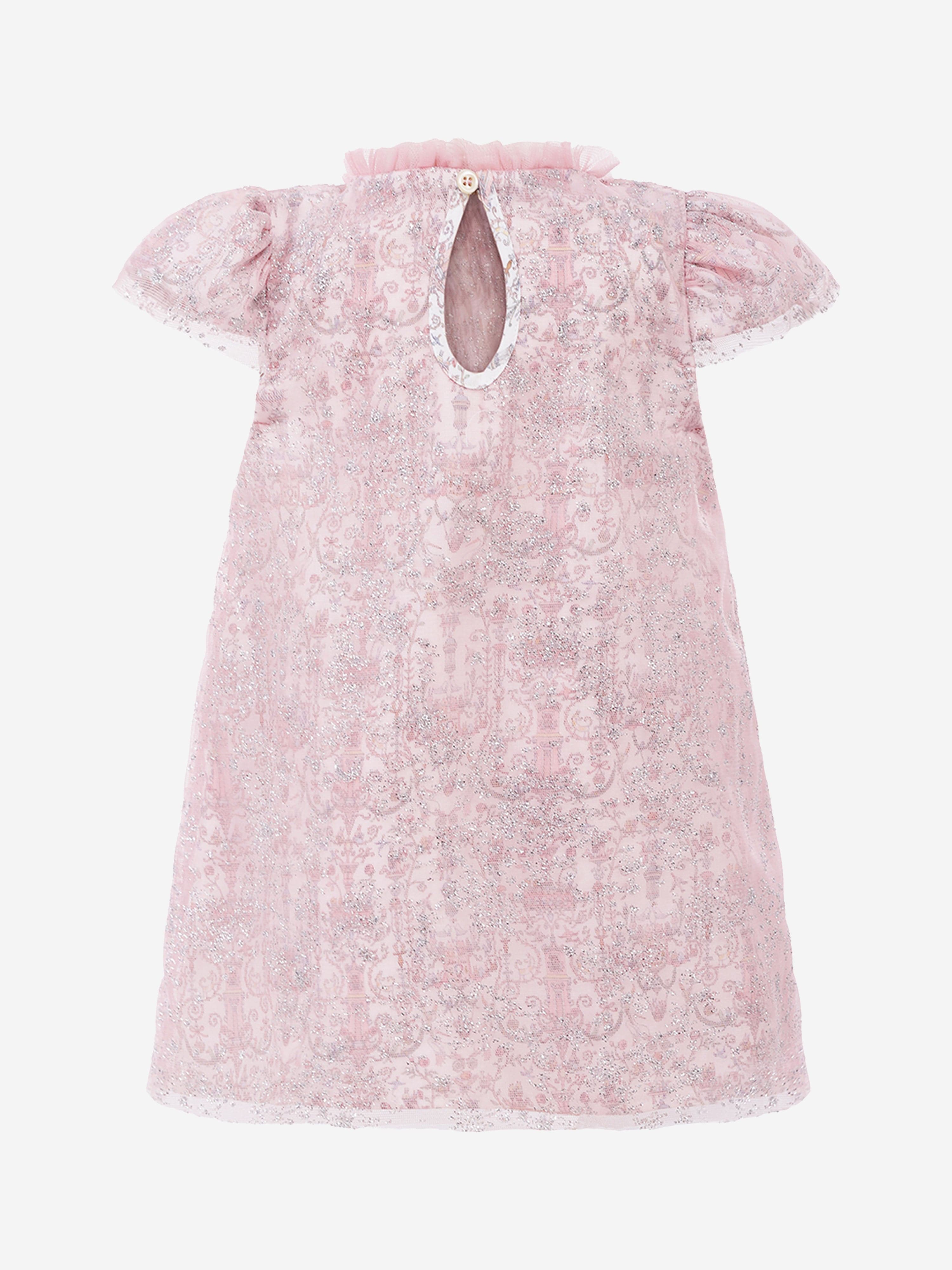 Atelier Choux Baby Girls Glittery Toile de Jouy Dress - Pink Floral Print Cotton Dress for Special Occasions & Photoshoots
