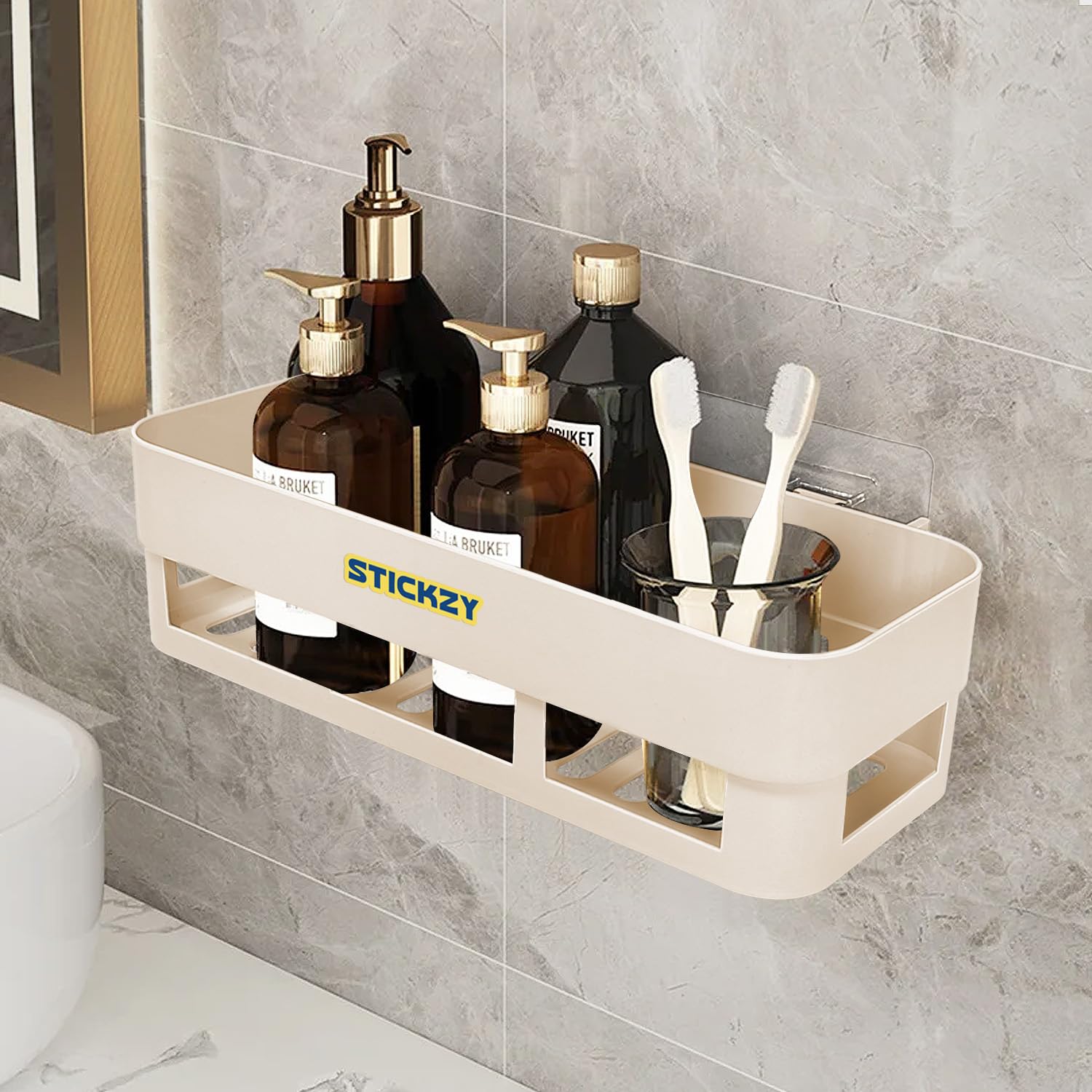 Stickzy 1-Piece Self-Adhesive Multipurpose Wall Shelf for Bathroom & Kitchen Organization | No Drill Required | Space-Saving Storage for Toiletries, Spices & Cleaning Supplies (EZ005/Ivory) | Perfect for Small Apartments, Dorms & RVs