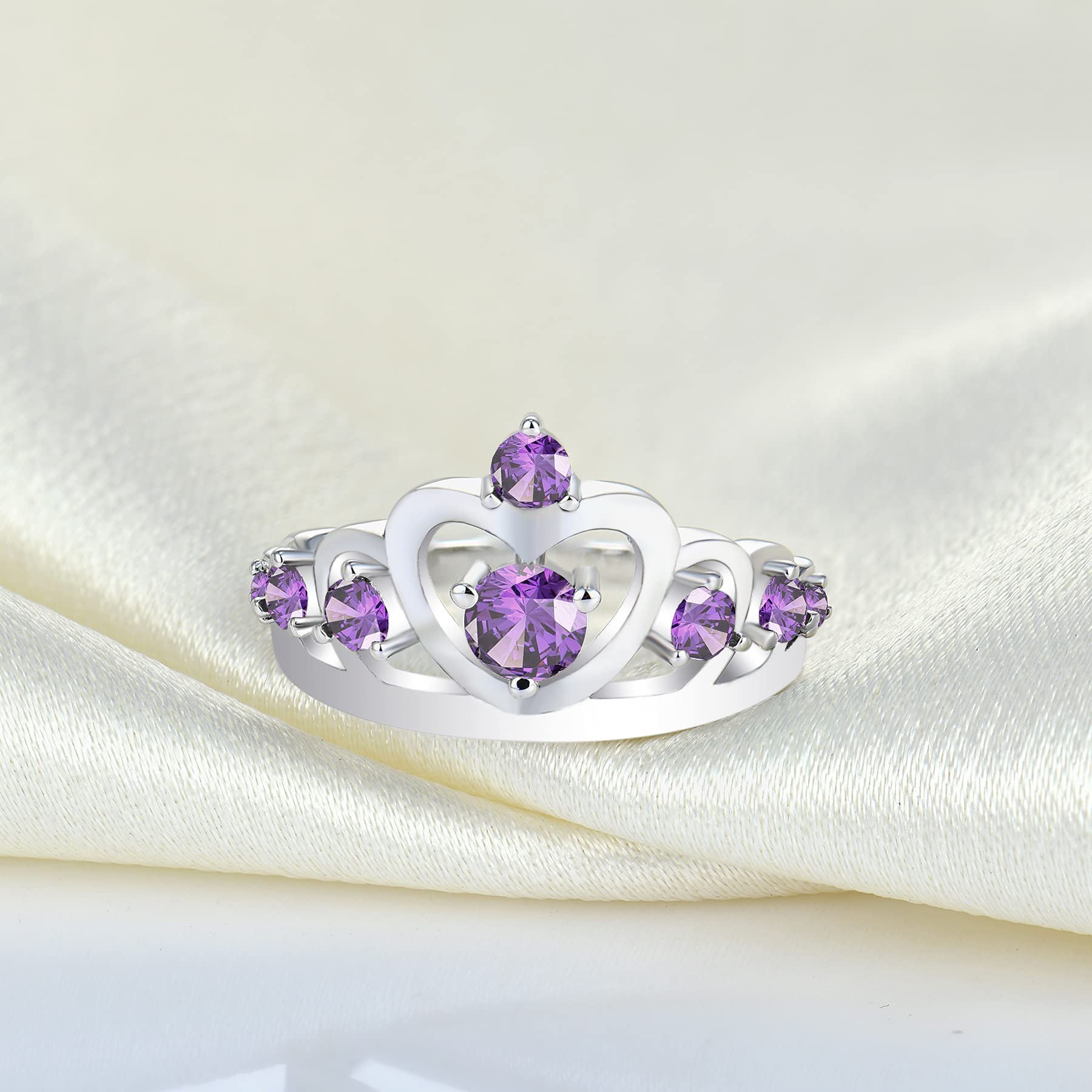 YL 925 Sterling Silver Heart Crown Engagement Rings for Women - Queen Birthstone Wedding, Anniversary Jewelry - Perfect for Proposals, Bridal Sets & Romantic Gifts