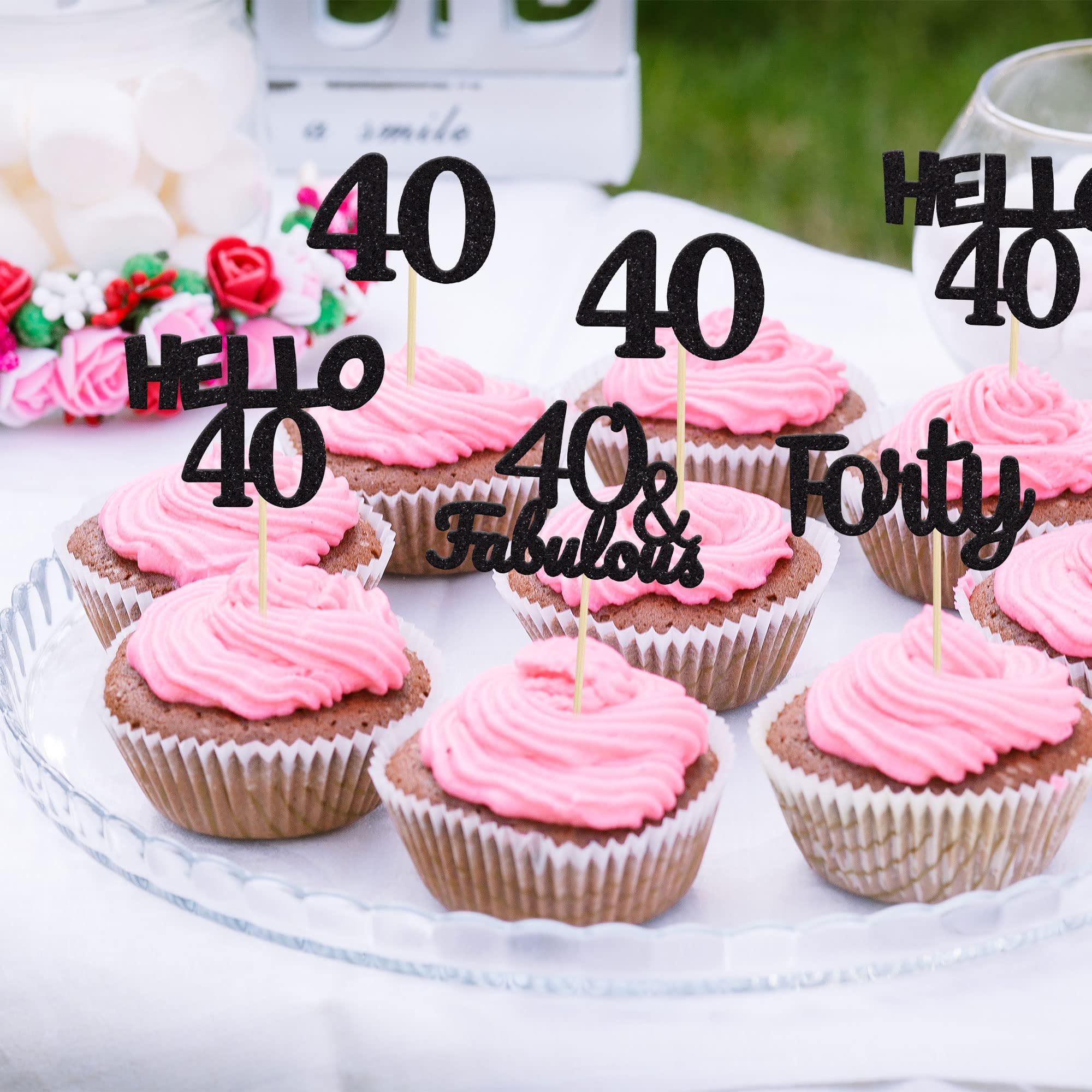 24Pcs Black Glitter 40th Birthday Cupcake Toppers - Hello 40 Forty Cake Decorations - 40 & Fabulous Cupcake Picks for 40th Birthday Party Supplies - Perfect for Anniversary, Retirement, Milestone Celebrations